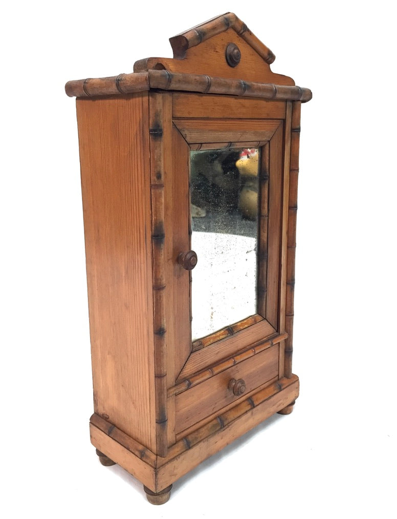 Antique Tabletop Wooden Bamboo & Pine Miniature Cabinet Cupboard / Mirror c.1930