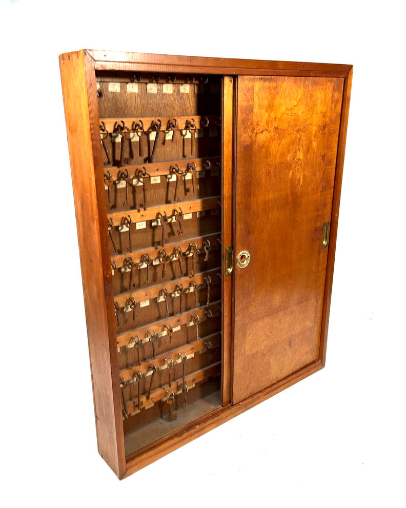 Antique 1930s Large Wall Hanging Wooden Hotel Key Storage Cabinet / Cupboard