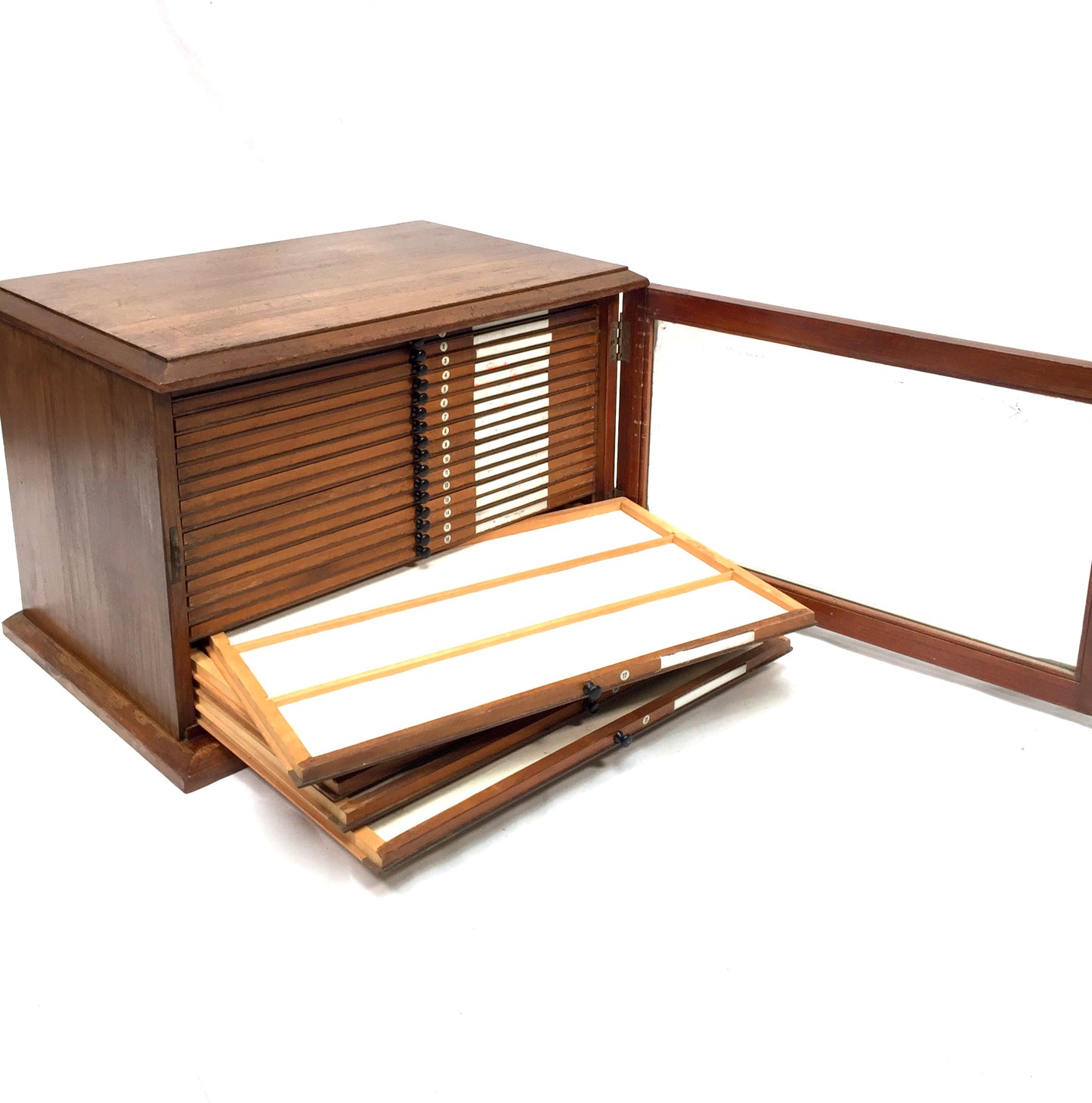 Antique Wooden & Glazed Fronted Tabletop Microscope Slide Collectors Cabinet Box