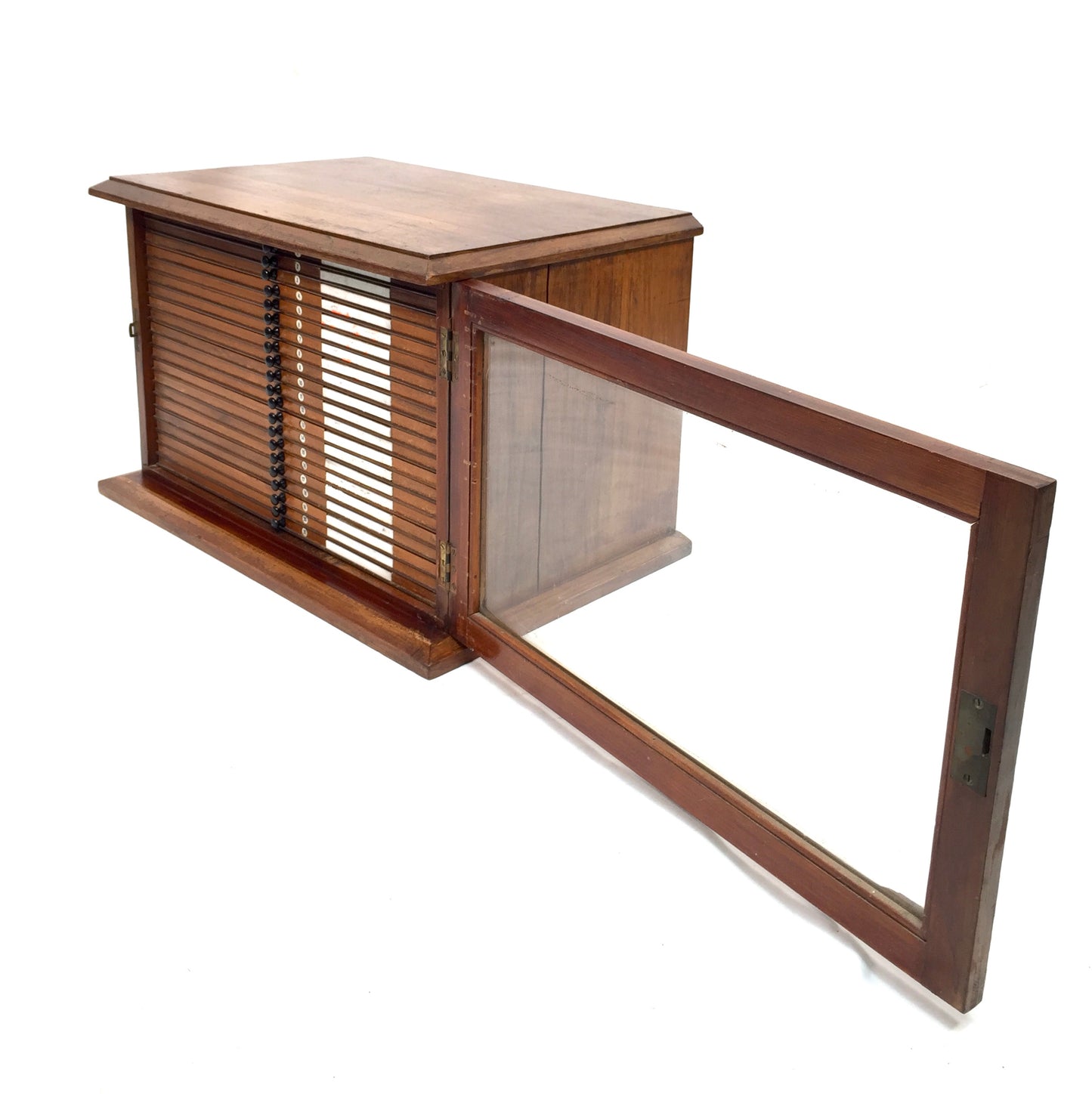 Antique Wooden & Glazed Fronted Tabletop Microscope Slide Collectors Cabinet Box