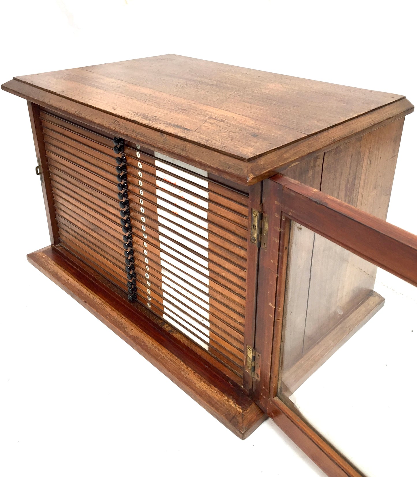 Antique Wooden & Glazed Fronted Tabletop Microscope Slide Collectors Cabinet Box