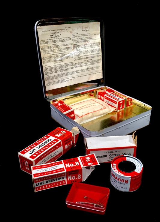 Vintage Commercial Metal Tin First Aid Case / Box & Contents c.1970 / Travel Car