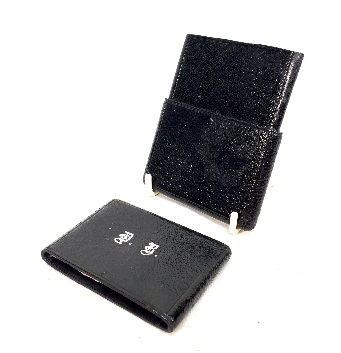 Antique Textured Black Leather Card Case / Wallet / Storage Pouch Initialled D.B