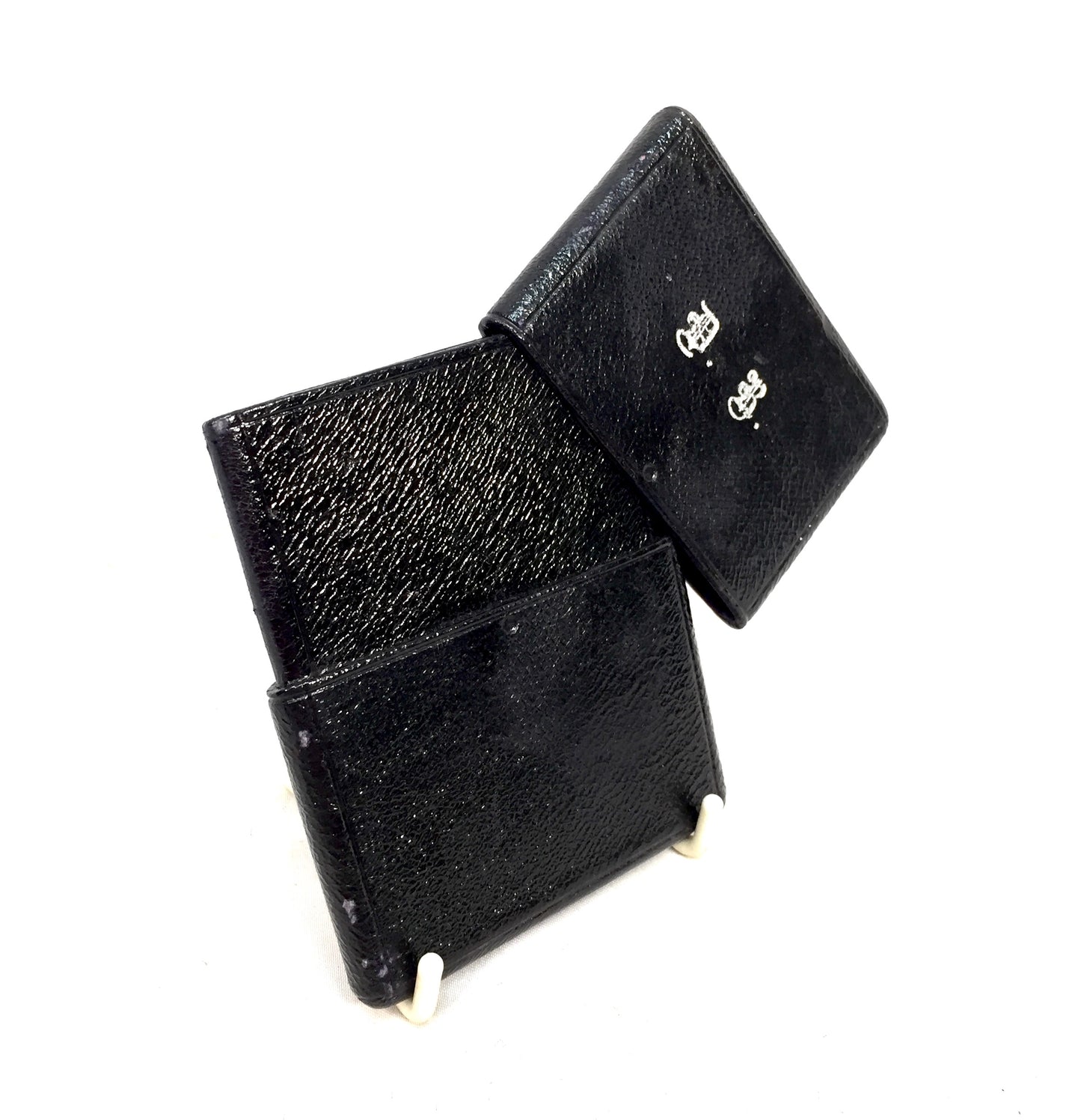 Antique Textured Black Leather Card Case / Wallet / Storage Pouch Initialled D.B