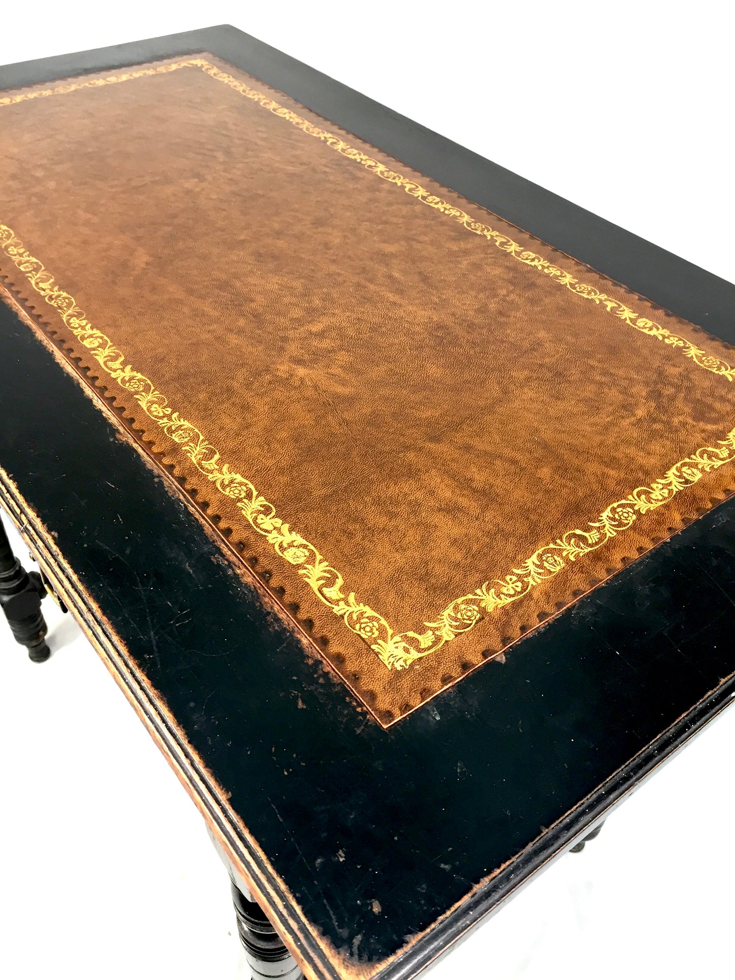 Antique Ebonised Mahogany Wooden Writing Desk with Leather Aesthetic Movement