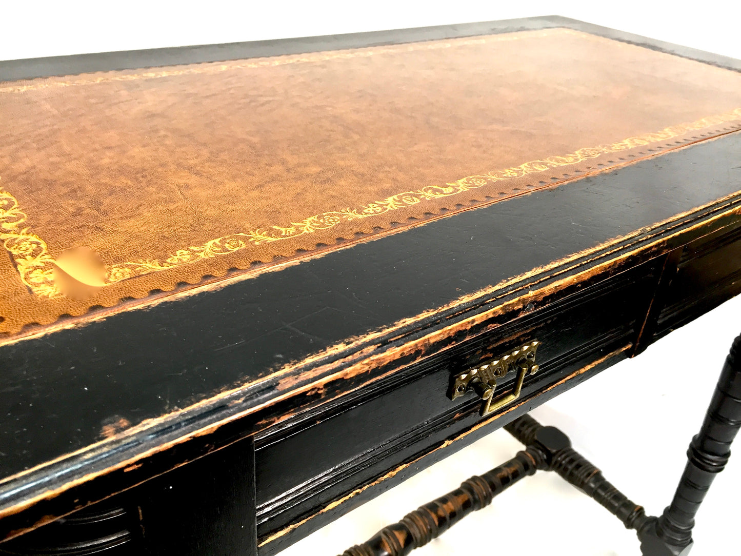 Antique Ebonised Mahogany Wooden Writing Desk with Leather Aesthetic Movement