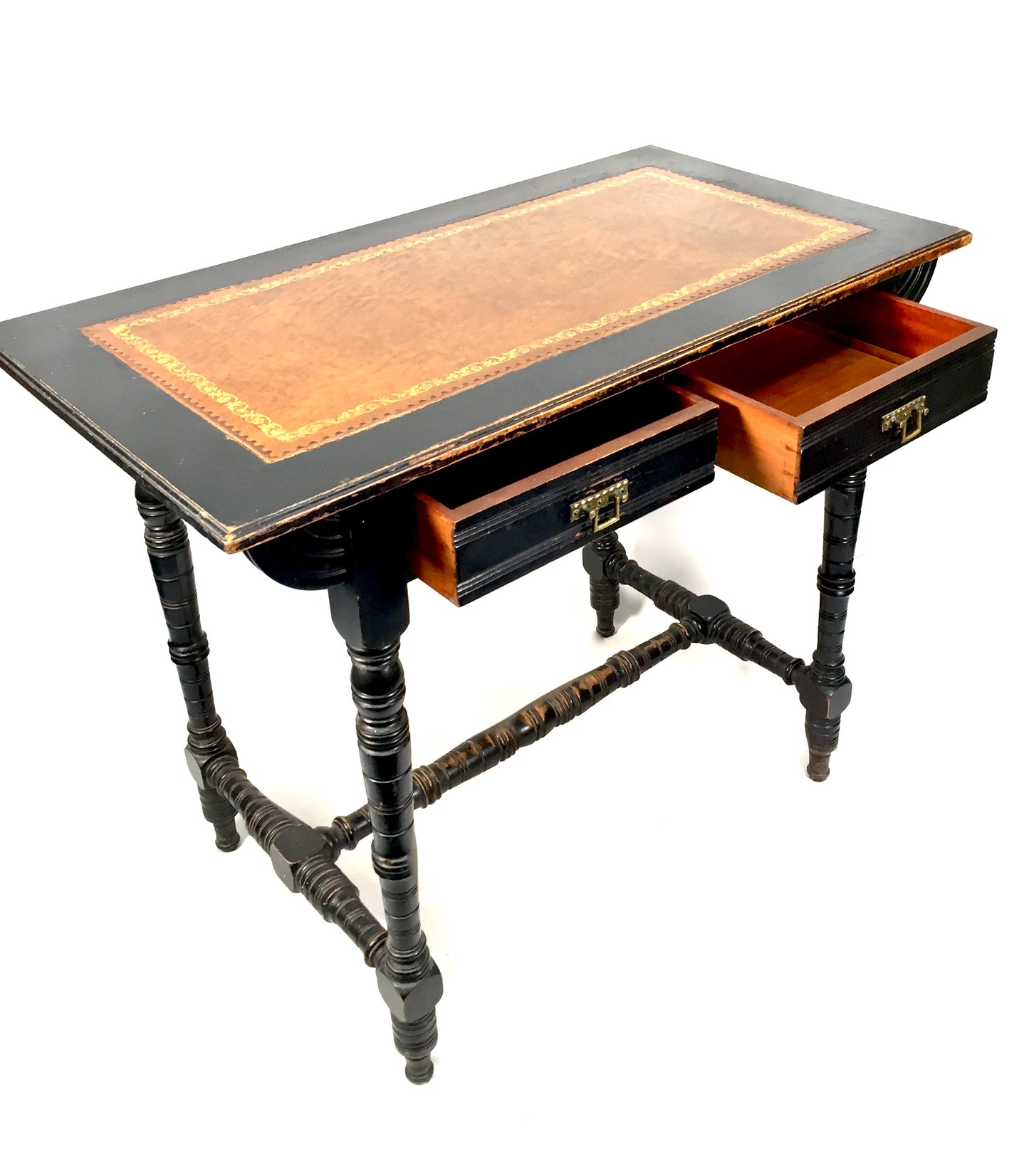 Antique Ebonised Mahogany Wooden Writing Desk with Leather Aesthetic Movement