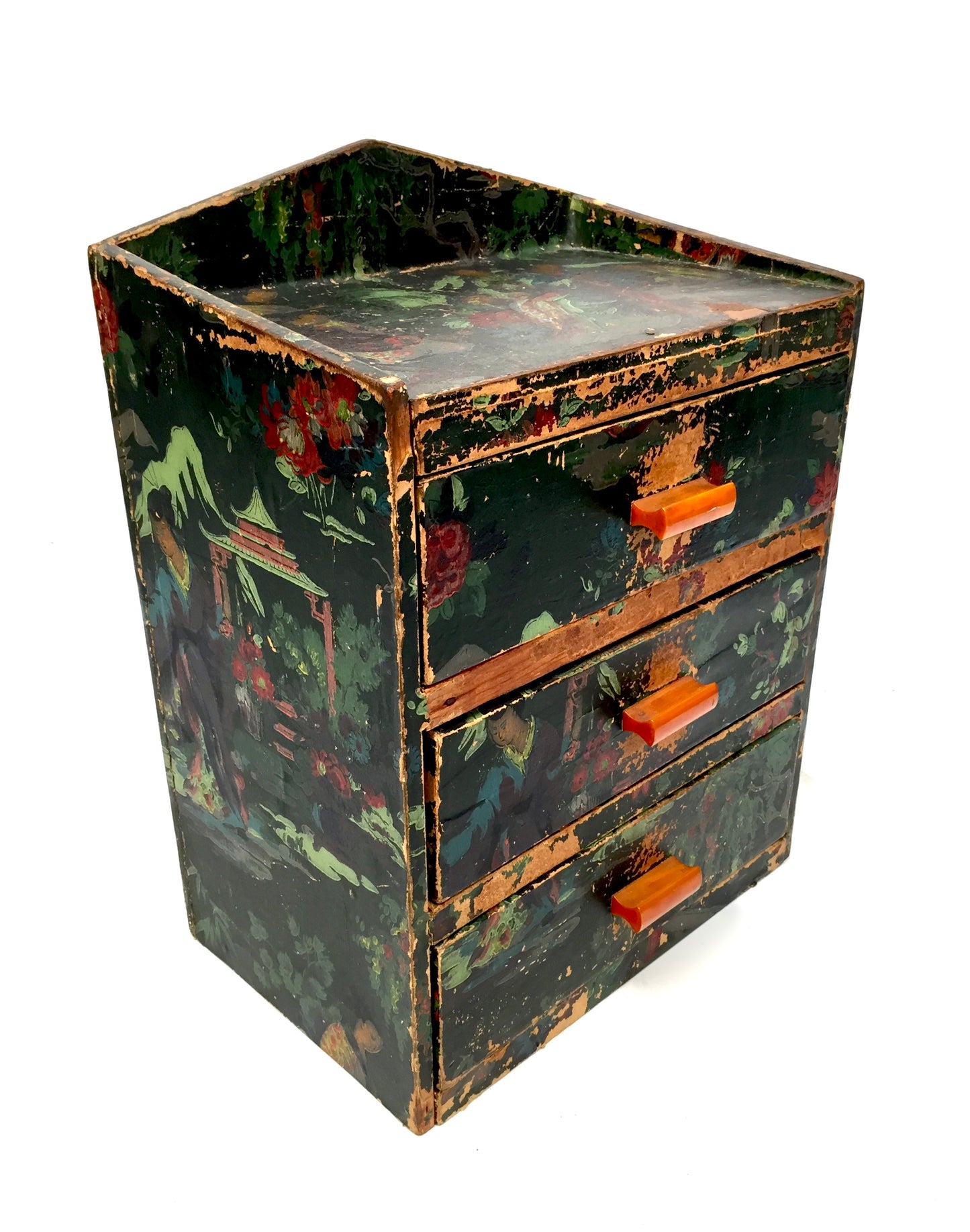 Antique Wooden Hand Painted Tabletop Chest of Filing Drawers / Storage Box c1930