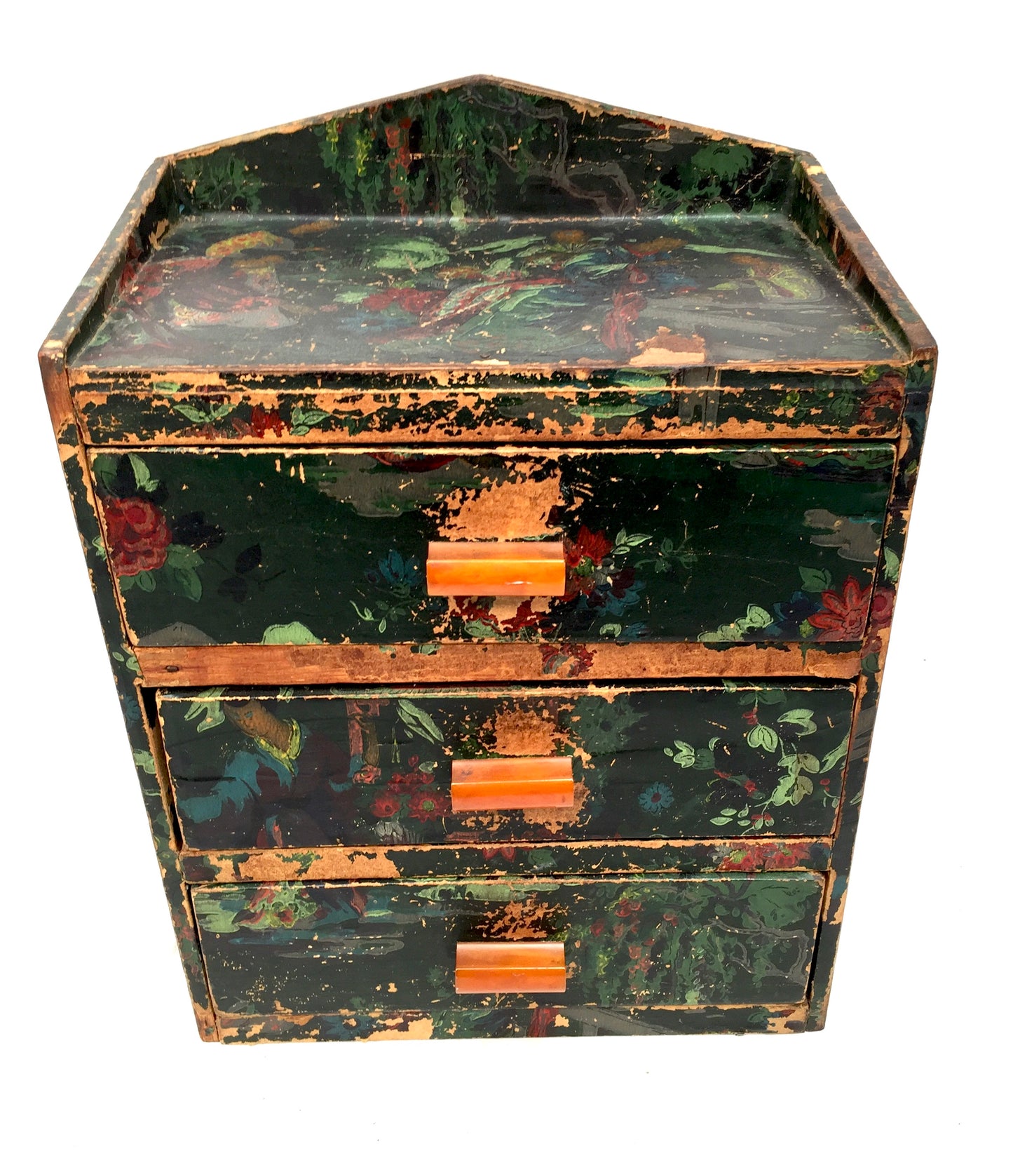 Antique Wooden Hand Painted Tabletop Chest of Filing Drawers / Storage Box c1930