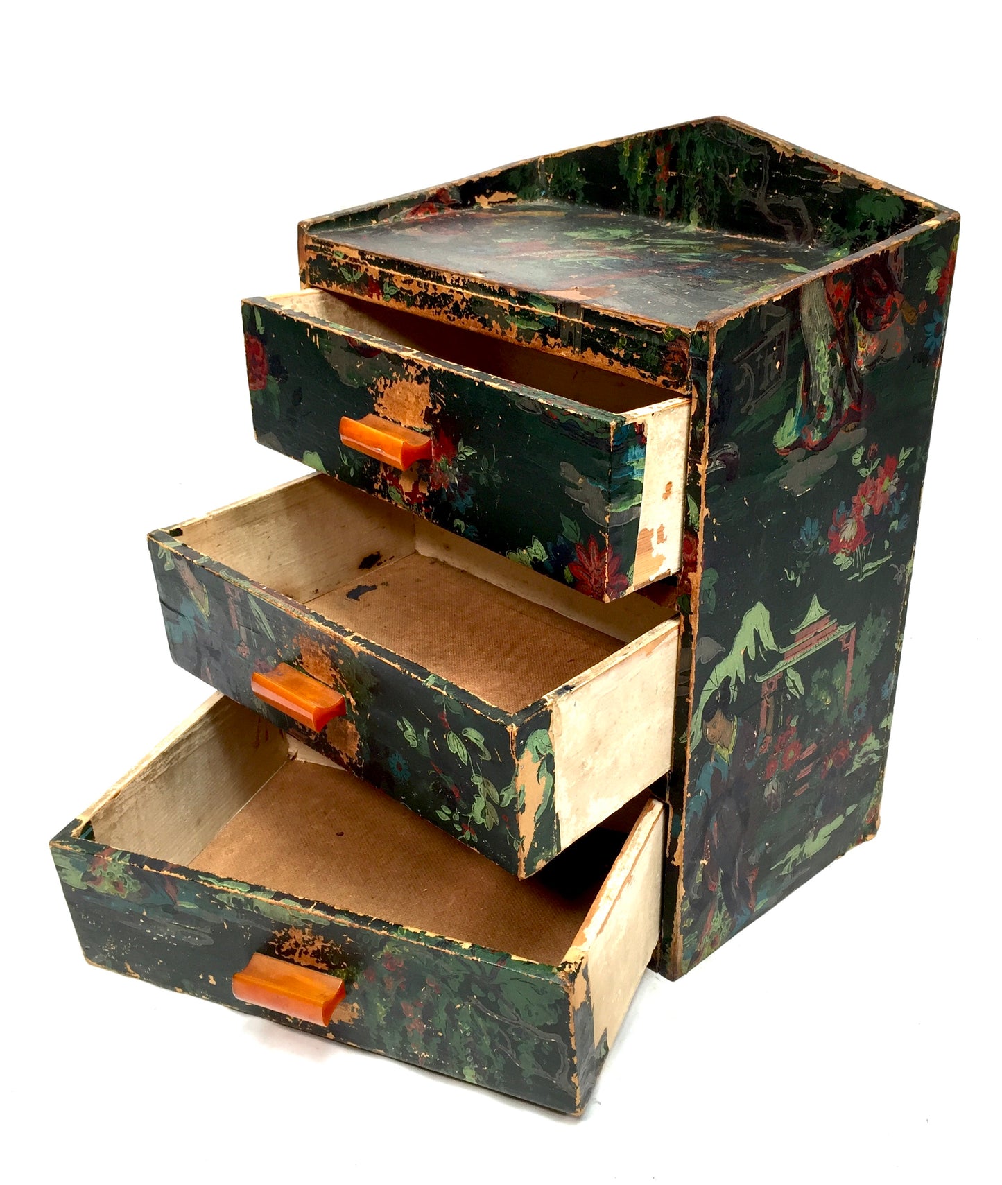 Antique Wooden Hand Painted Tabletop Chest of Filing Drawers / Storage Box c1930