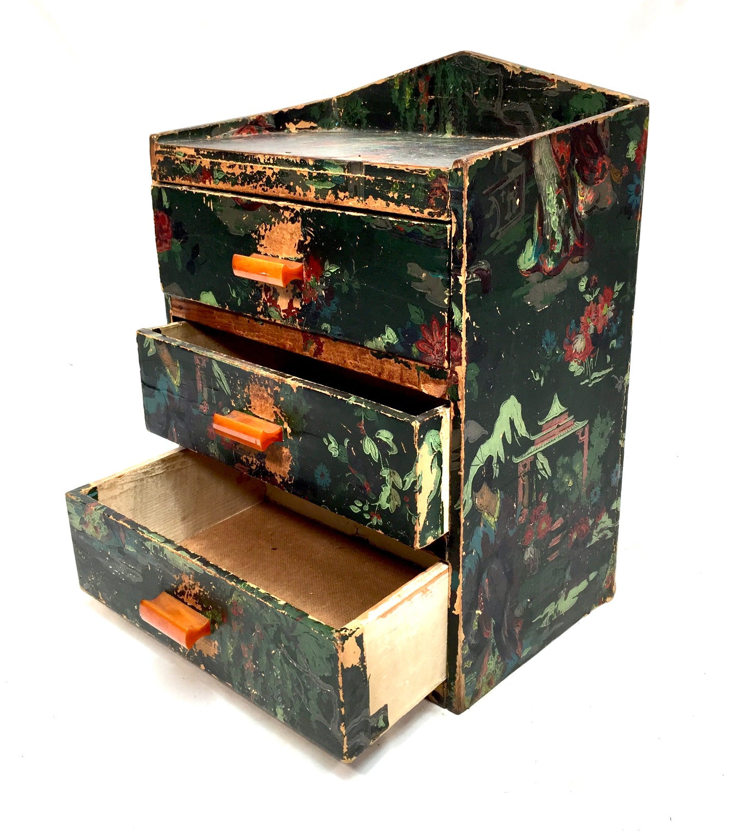 Antique Wooden Hand Painted Tabletop Chest of Filing Drawers / Storage Box c1930