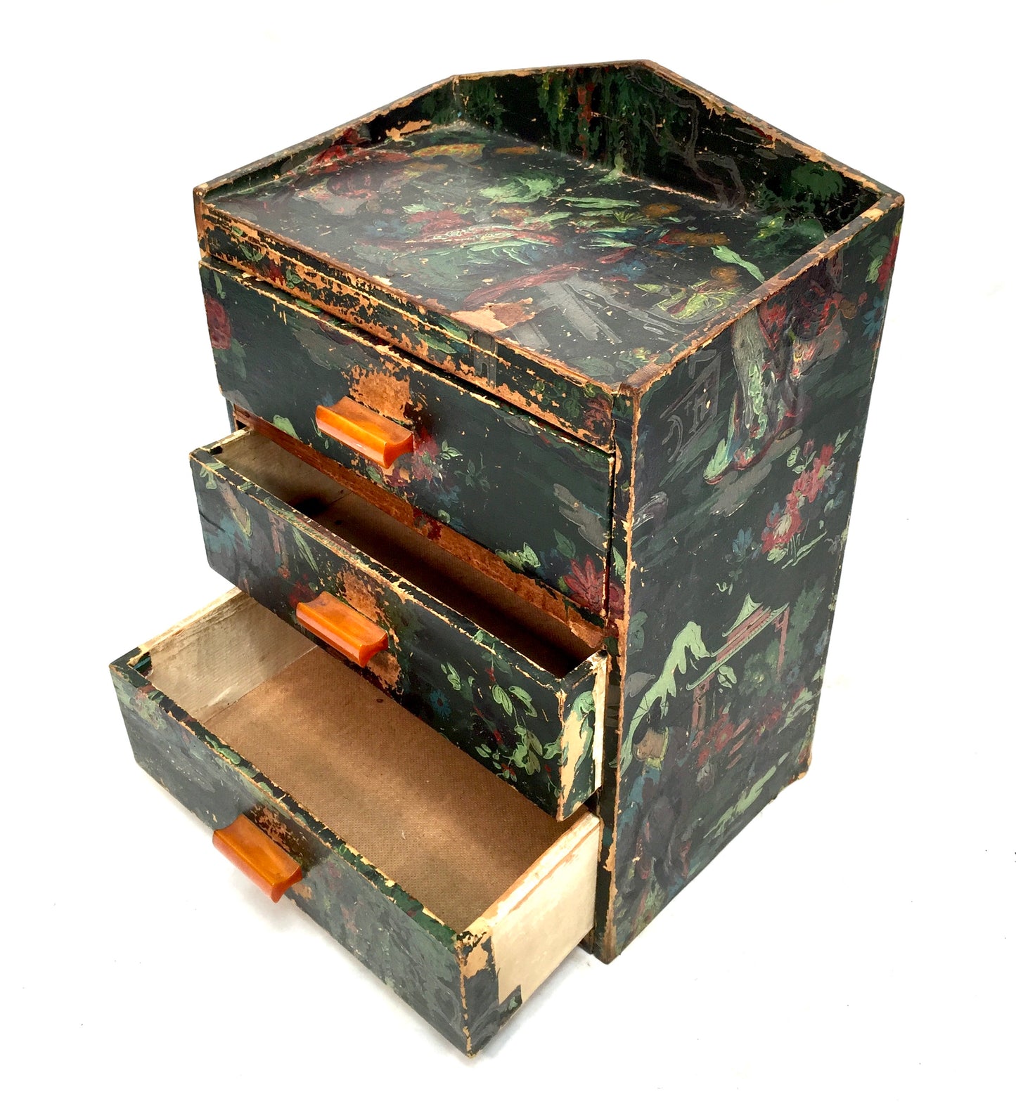 Antique Wooden Hand Painted Tabletop Chest of Filing Drawers / Storage Box c1930