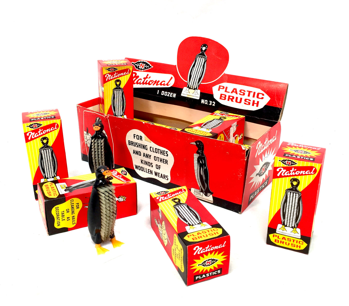 Antique Advertising - Vintage 1950s Shop Display Box of Penguin Clothes Brushes