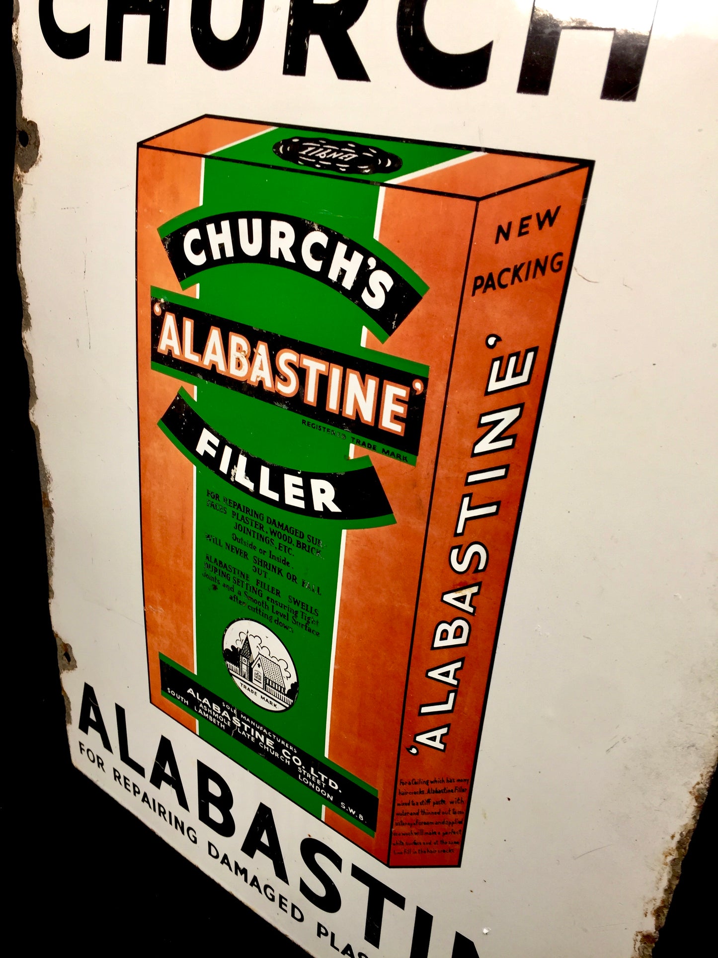 Antique Advertising - Pictorial Enamel Sign Church's Alabastine Filler DIY Shop