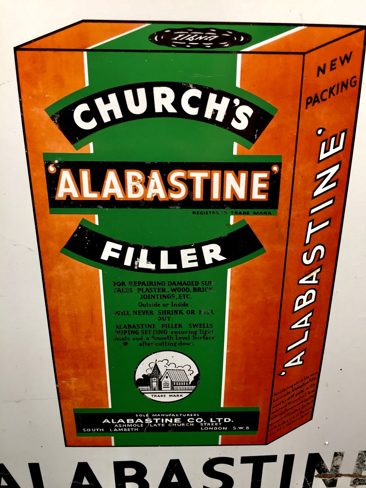 Antique Advertising - Pictorial Enamel Sign Church's Alabastine Filler DIY Shop