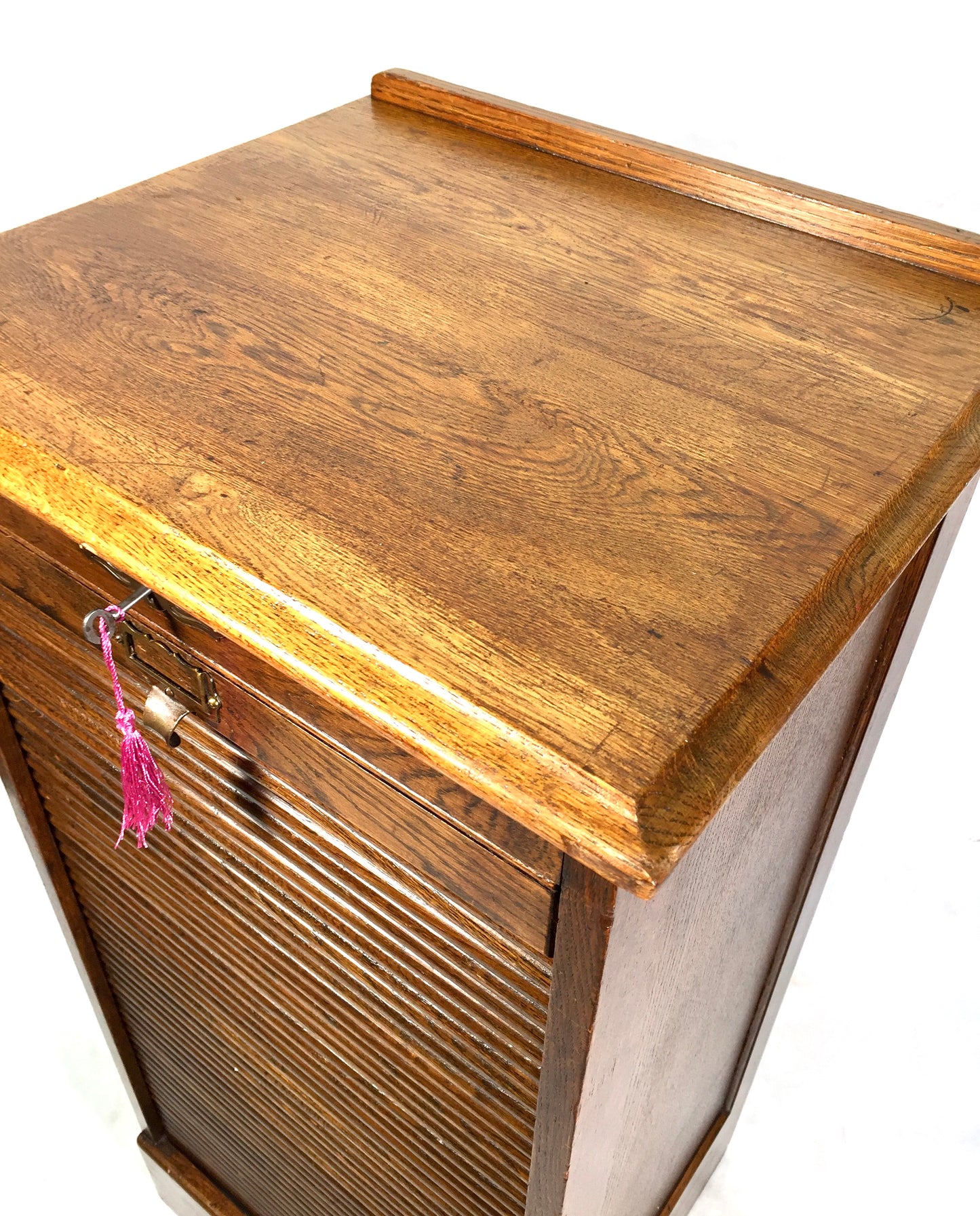Antique Wooden Oak Tambour Fronted Office Paper Filing Cabinet Drawers with Key