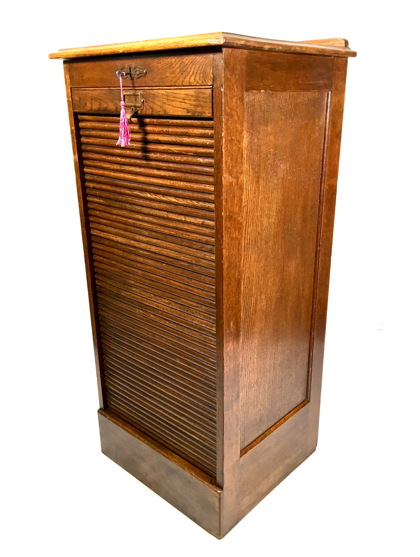 Antique Wooden Oak Tambour Fronted Office Paper Filing Cabinet Drawers with Key