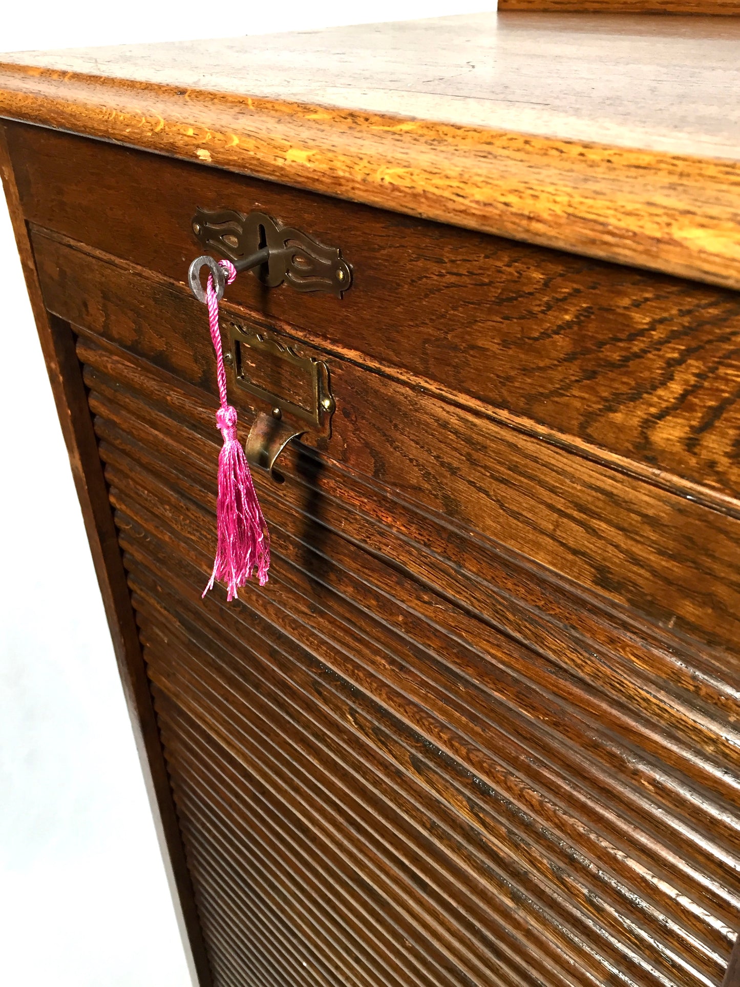 Antique Wooden Oak Tambour Fronted Office Paper Filing Cabinet Drawers with Key