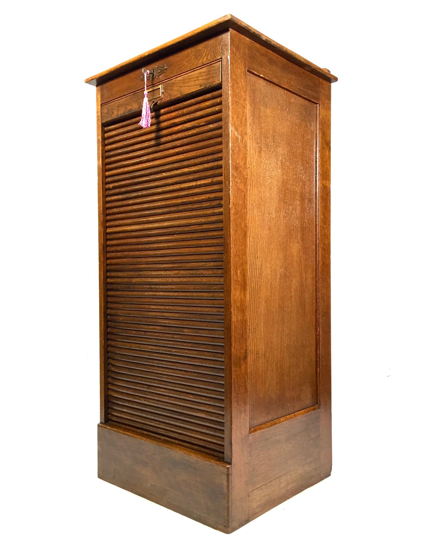 Antique Wooden Oak Tambour Fronted Office Paper Filing Cabinet Drawers with Key