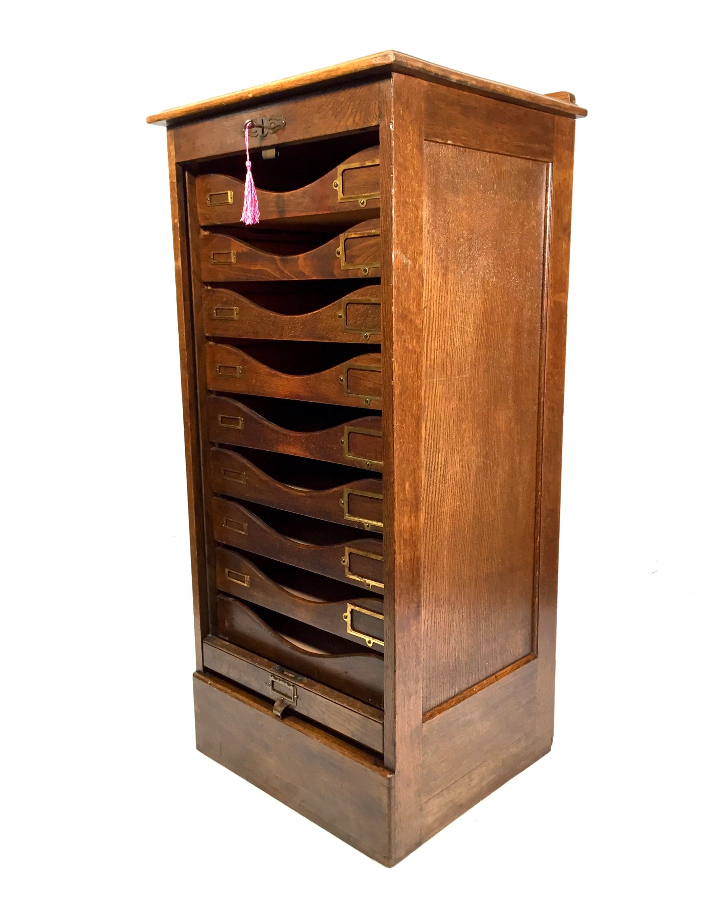 Antique Wooden Oak Tambour Fronted Office Paper Filing Cabinet Drawers with Key