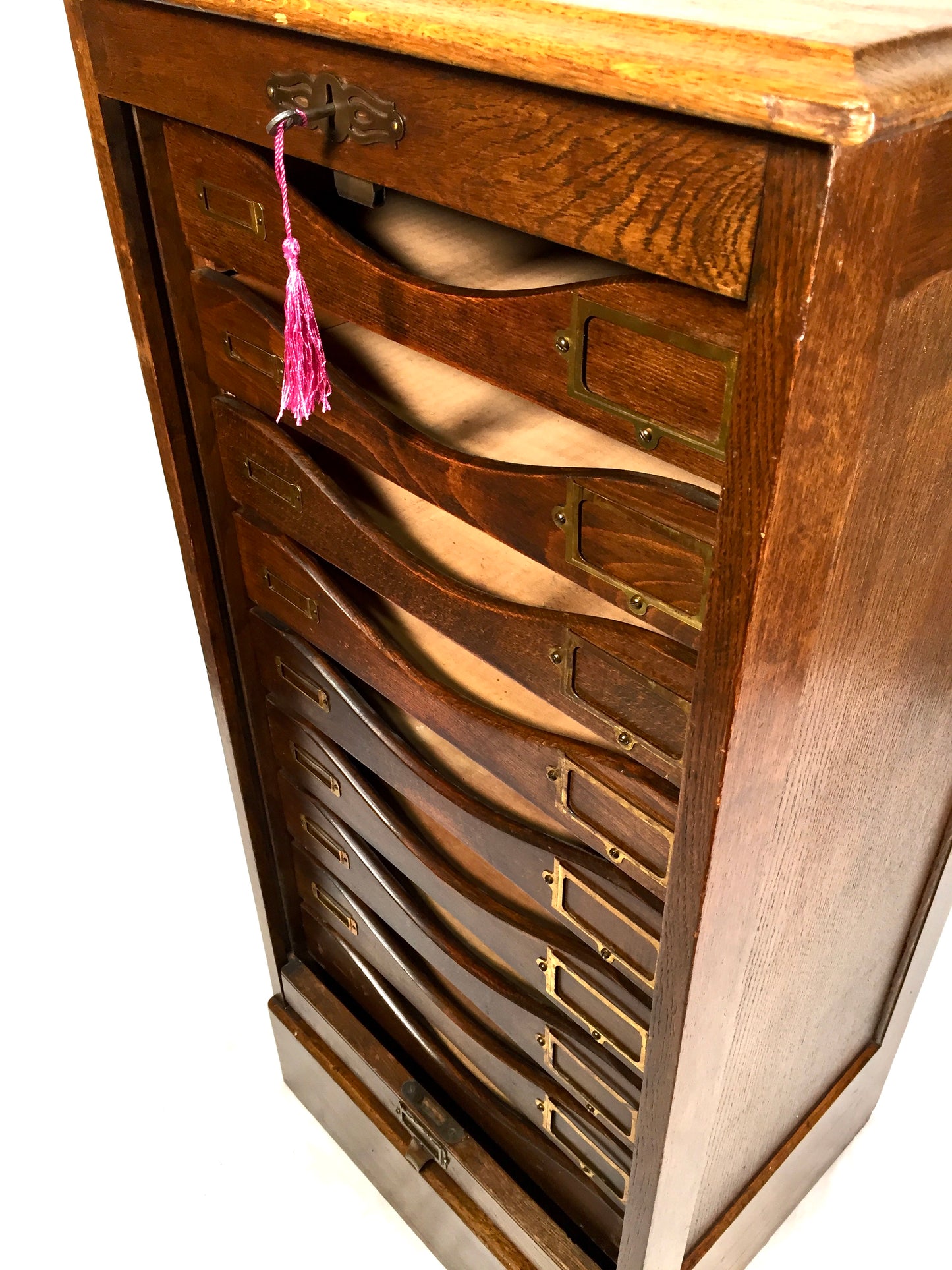 Antique Wooden Oak Tambour Fronted Office Paper Filing Cabinet Drawers with Key