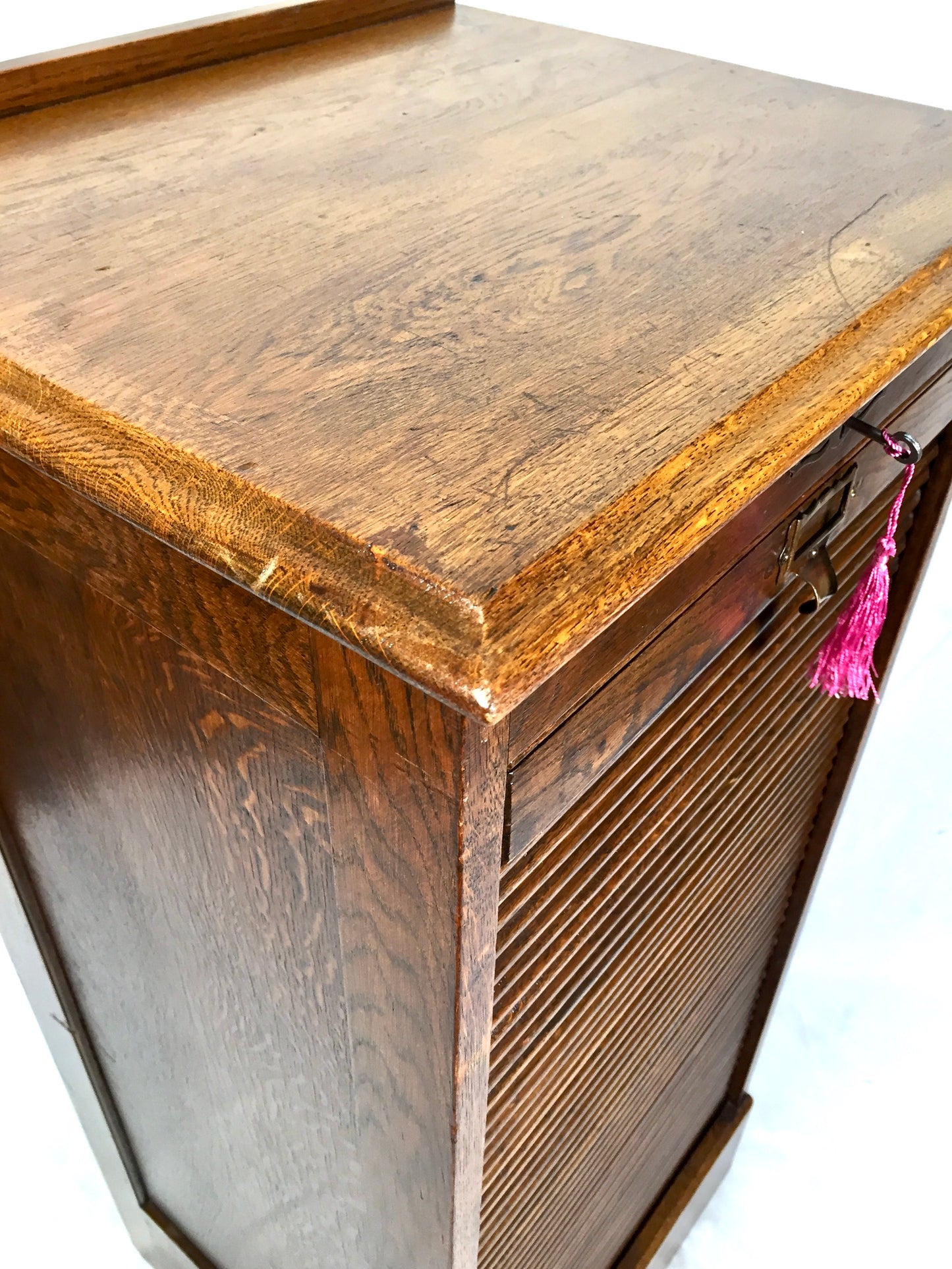 Antique Wooden Oak Tambour Fronted Office Paper Filing Cabinet Drawers with Key