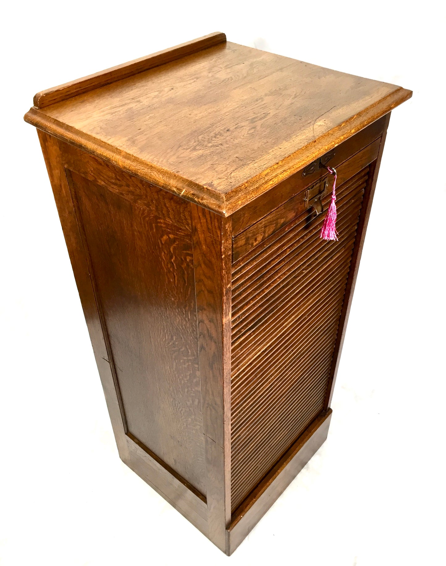 Antique Wooden Oak Tambour Fronted Office Paper Filing Cabinet Drawers with Key