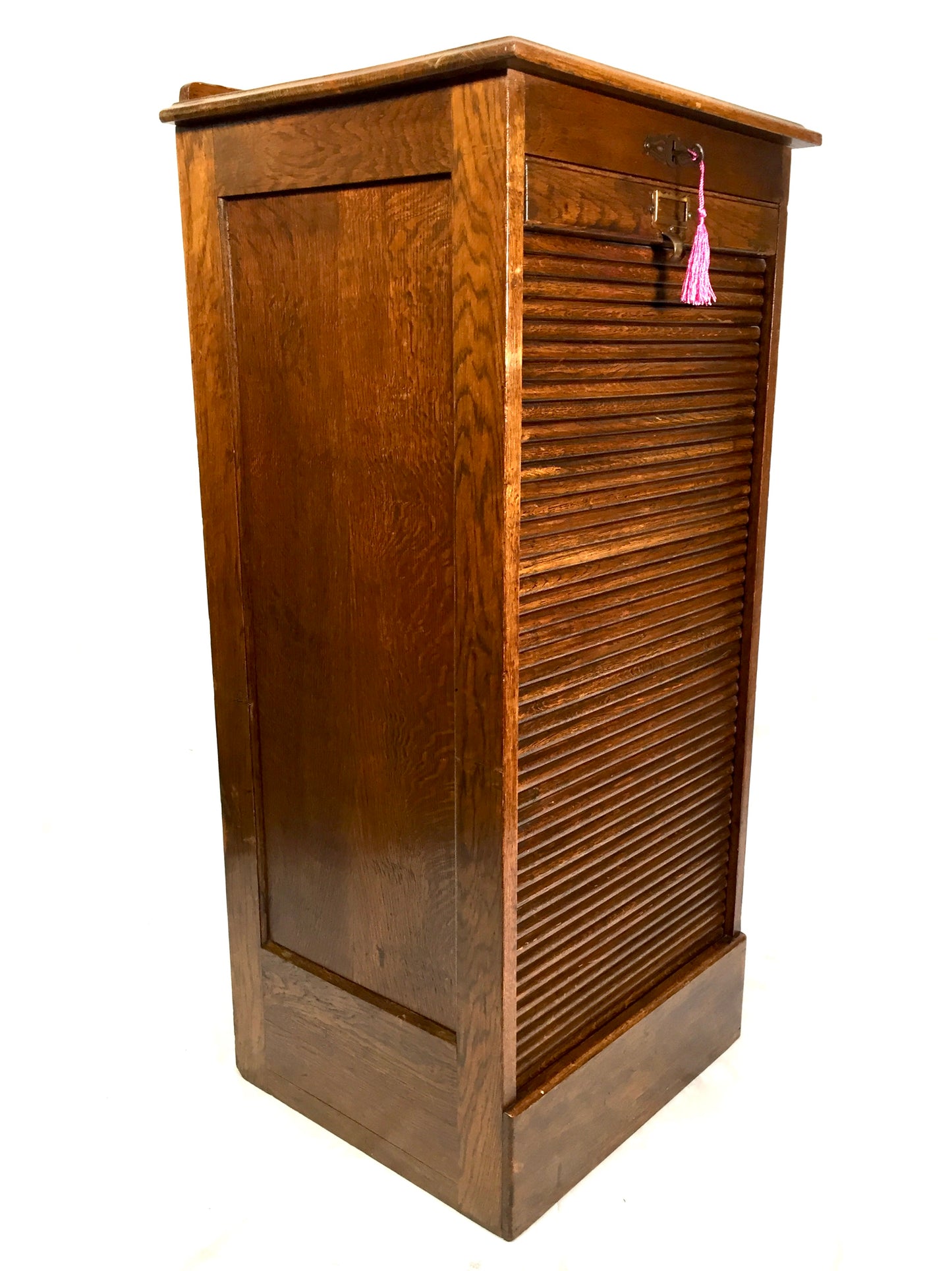 Antique Wooden Oak Tambour Fronted Office Paper Filing Cabinet Drawers with Key