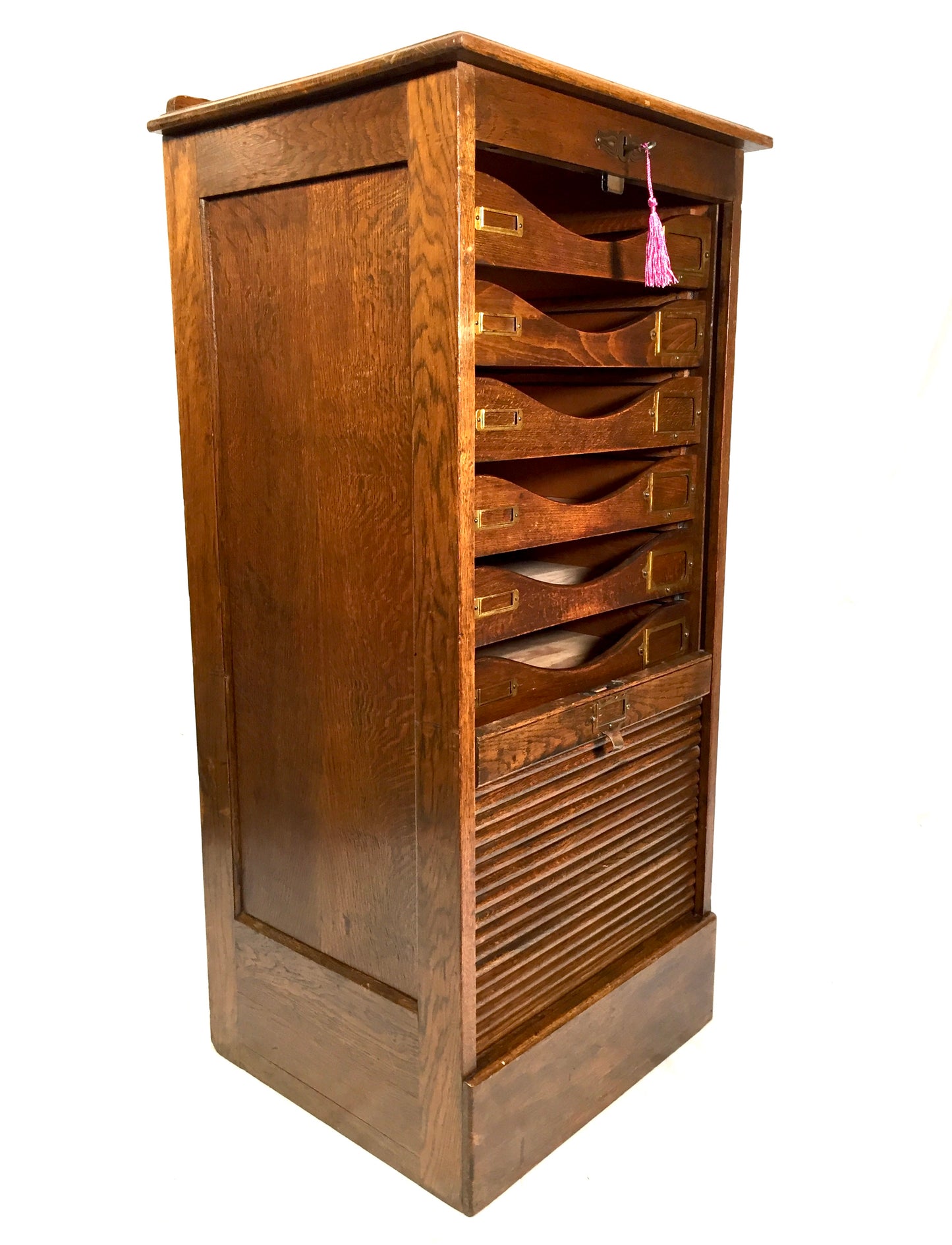 Antique Wooden Oak Tambour Fronted Office Paper Filing Cabinet Drawers with Key