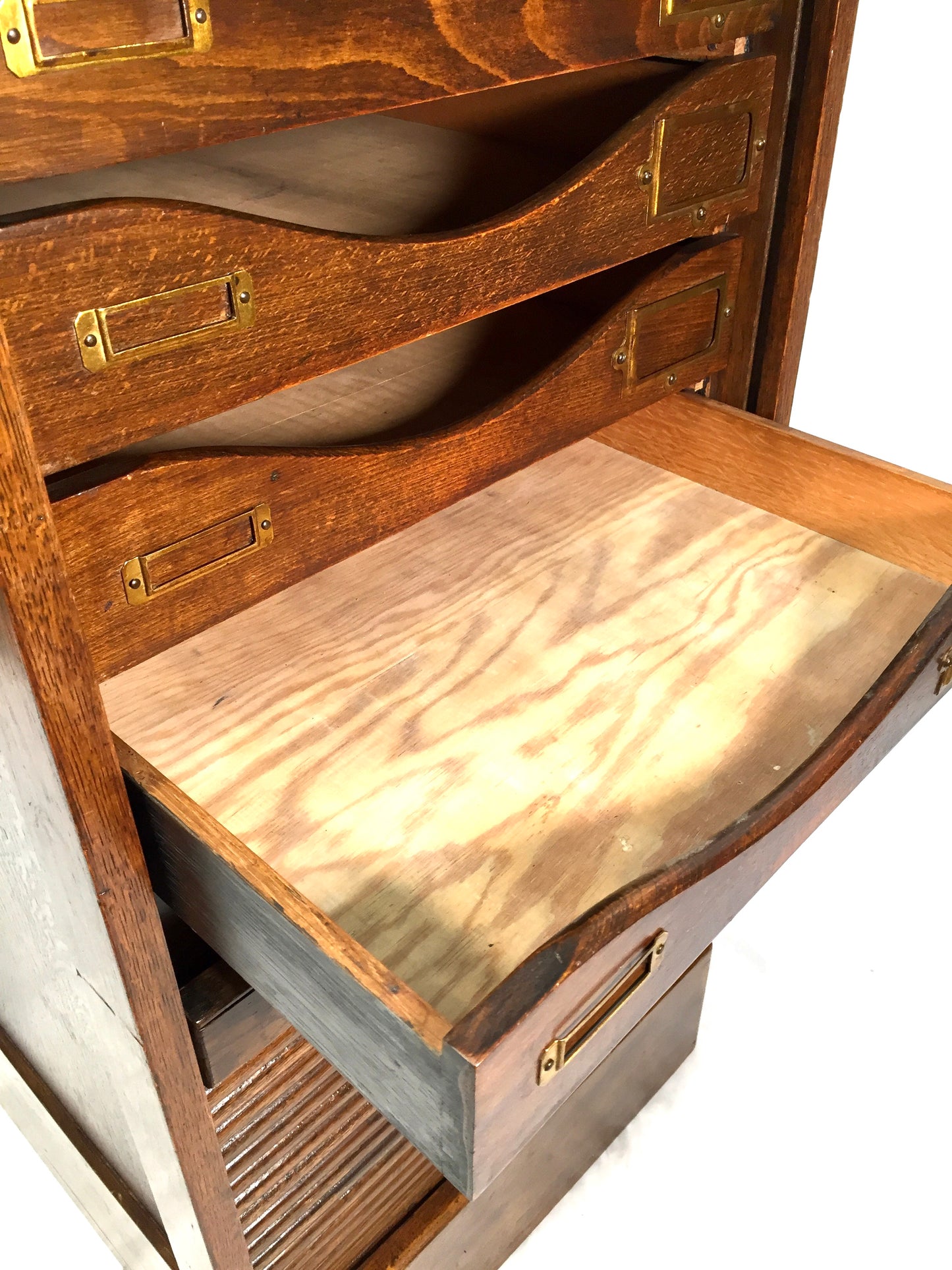 Antique Wooden Oak Tambour Fronted Office Paper Filing Cabinet Drawers with Key
