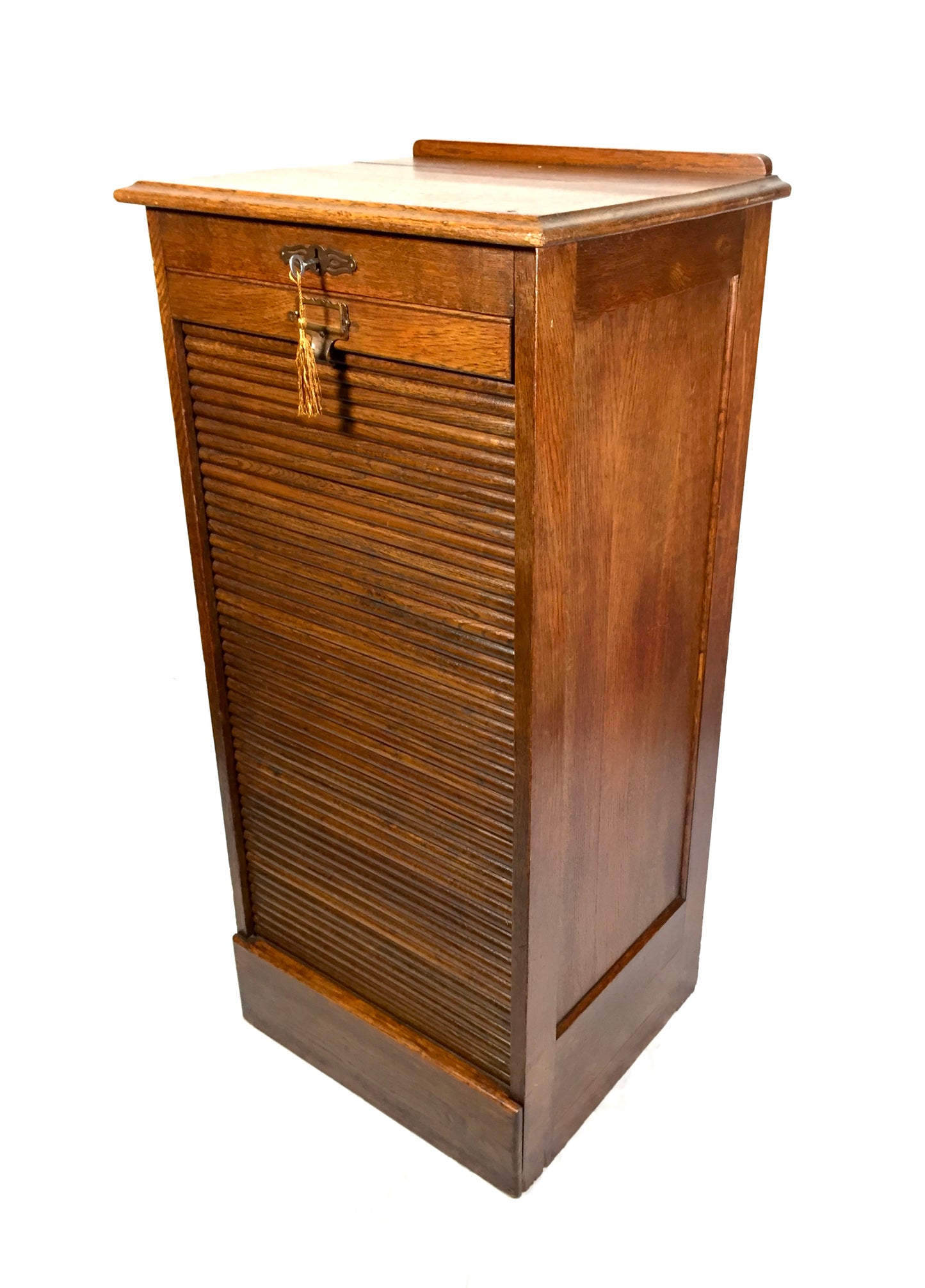 Antique Wooden Tambour Fronted Oak Office Paper Filing Cabinet Drawers with Key
