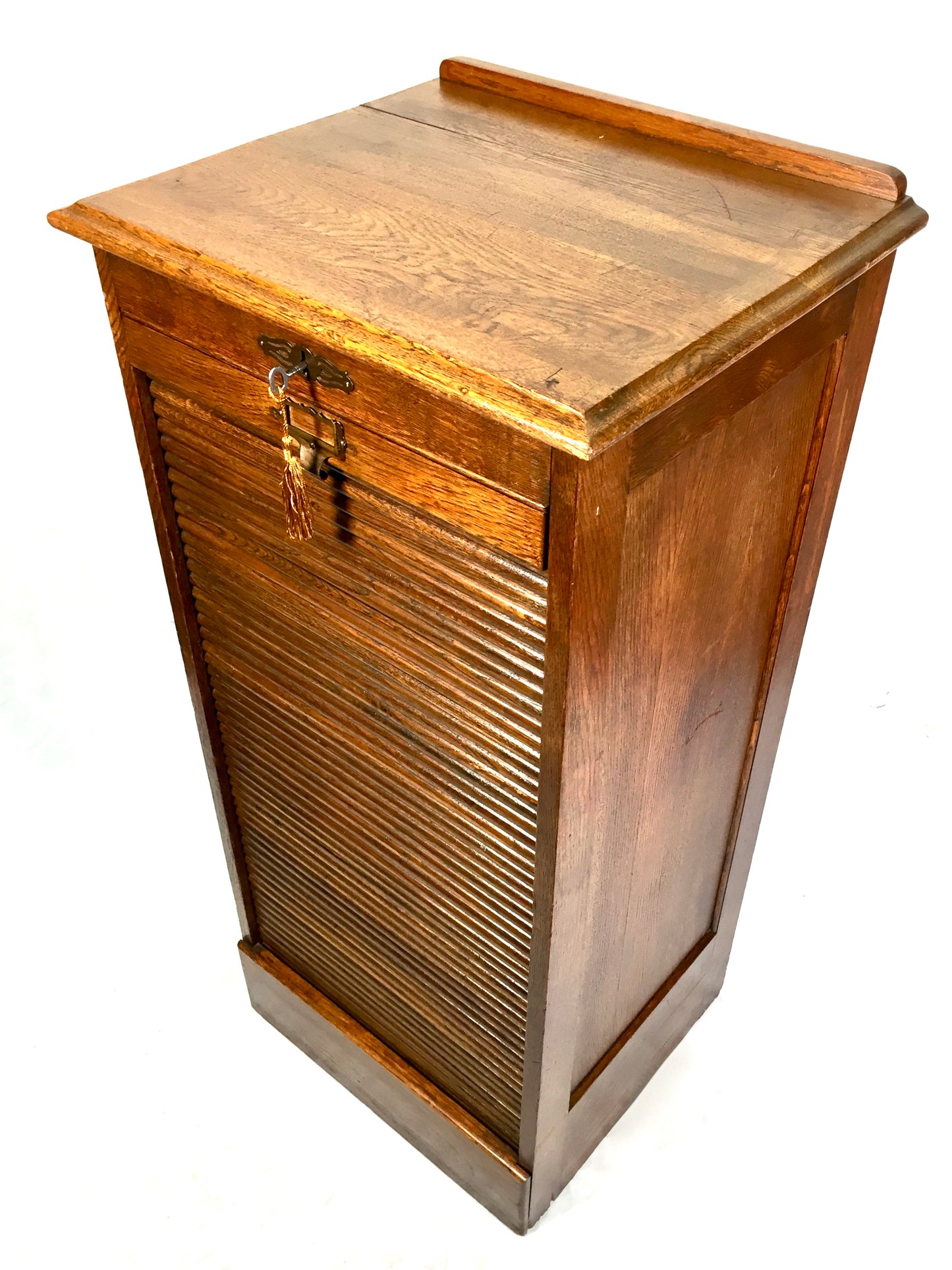Antique Wooden Tambour Fronted Oak Office Paper Filing Cabinet Drawers with Key