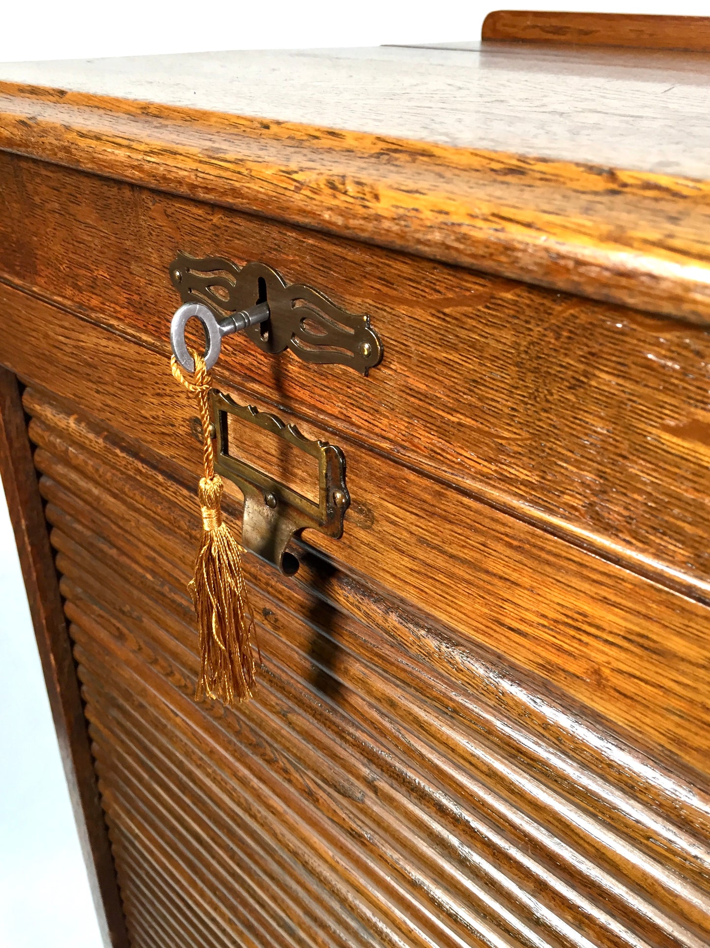 Antique Wooden Tambour Fronted Oak Office Paper Filing Cabinet Drawers with Key