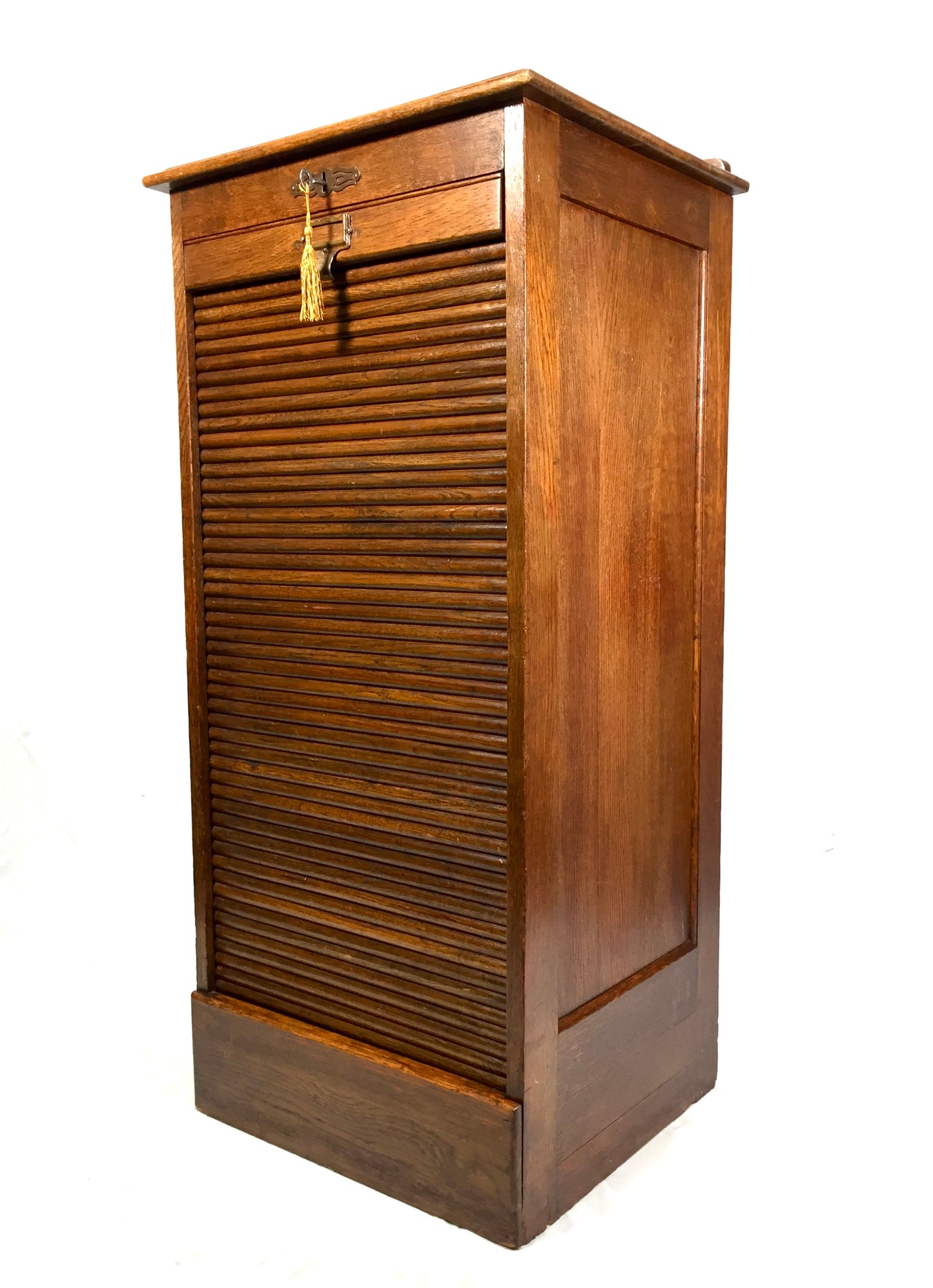 Antique Wooden Tambour Fronted Oak Office Paper Filing Cabinet Drawers with Key