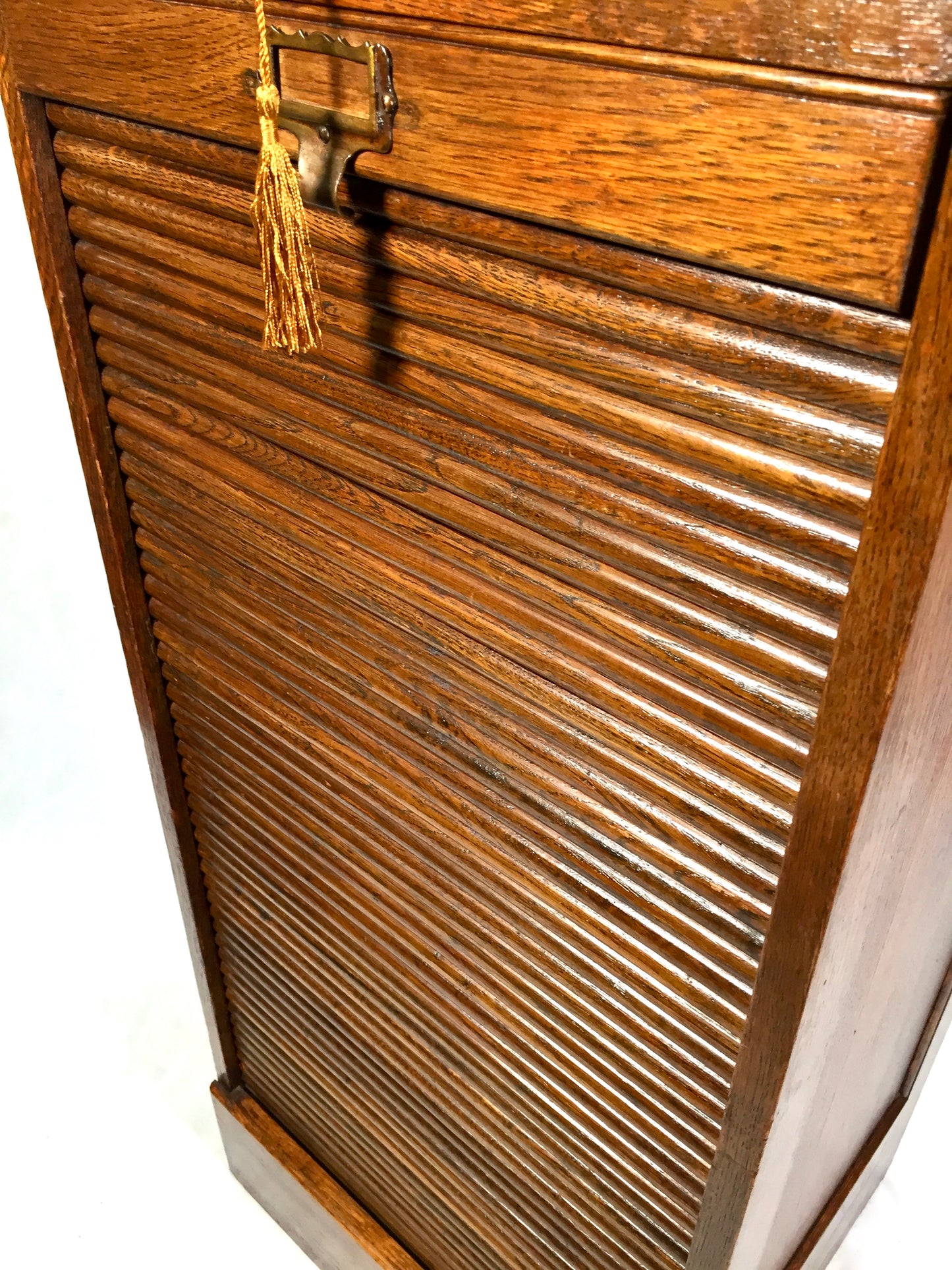 Antique Wooden Tambour Fronted Oak Office Paper Filing Cabinet Drawers with Key