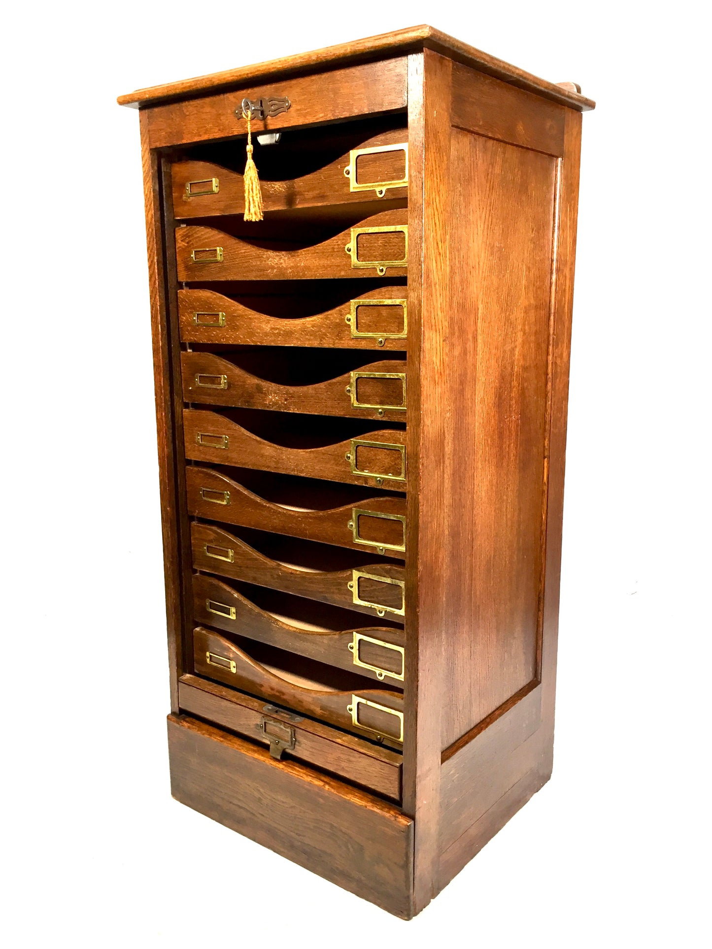 Antique Wooden Tambour Fronted Oak Office Paper Filing Cabinet Drawers with Key