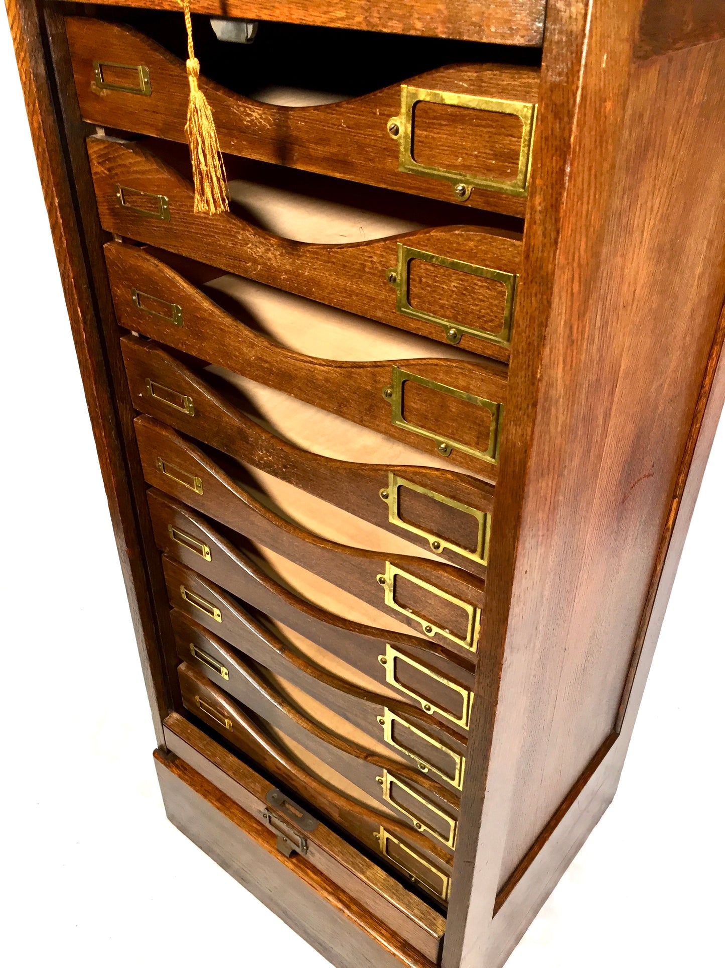 Antique Wooden Tambour Fronted Oak Office Paper Filing Cabinet Drawers with Key