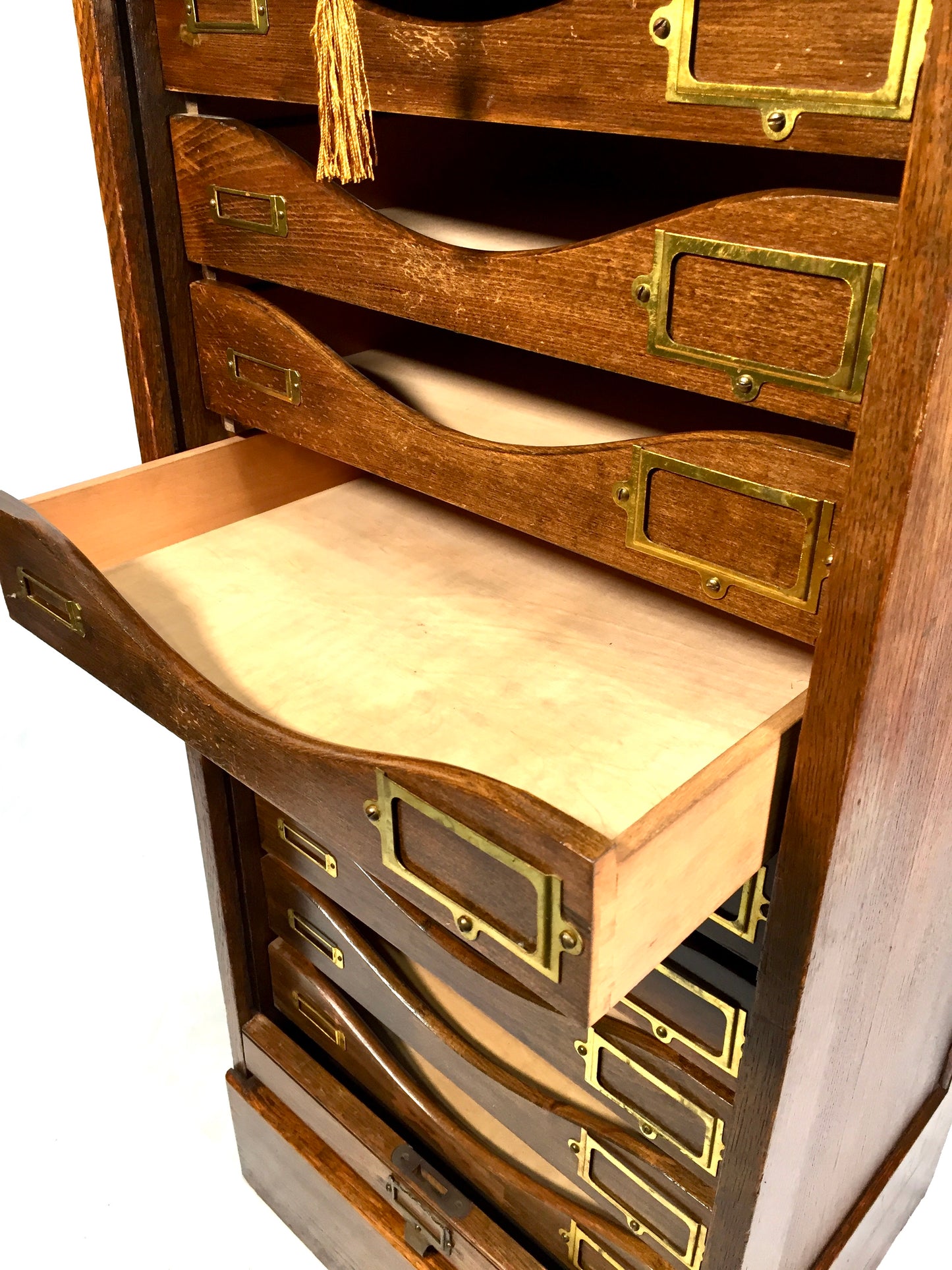 Antique Wooden Tambour Fronted Oak Office Paper Filing Cabinet Drawers with Key