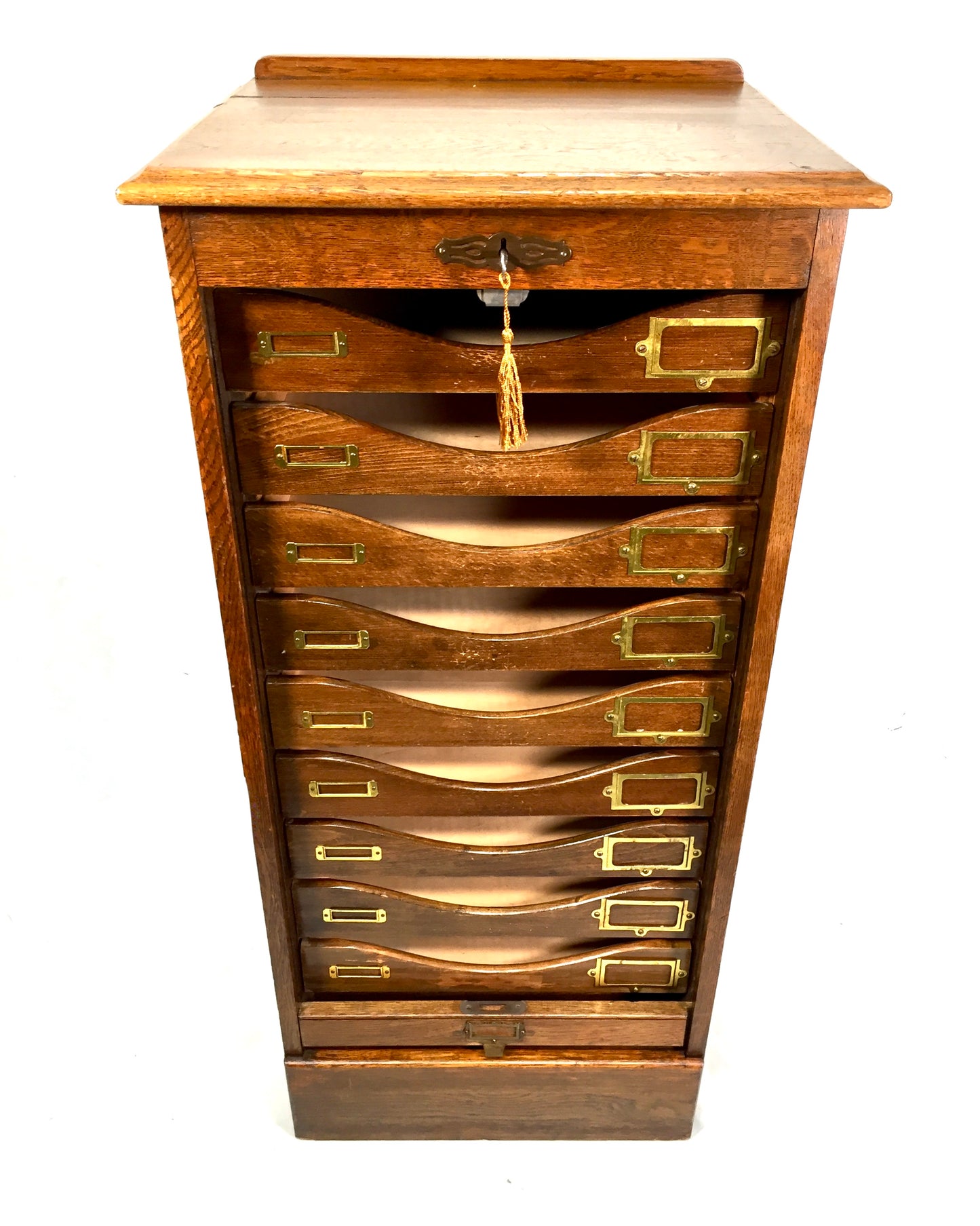 Antique Wooden Tambour Fronted Oak Office Paper Filing Cabinet Drawers with Key