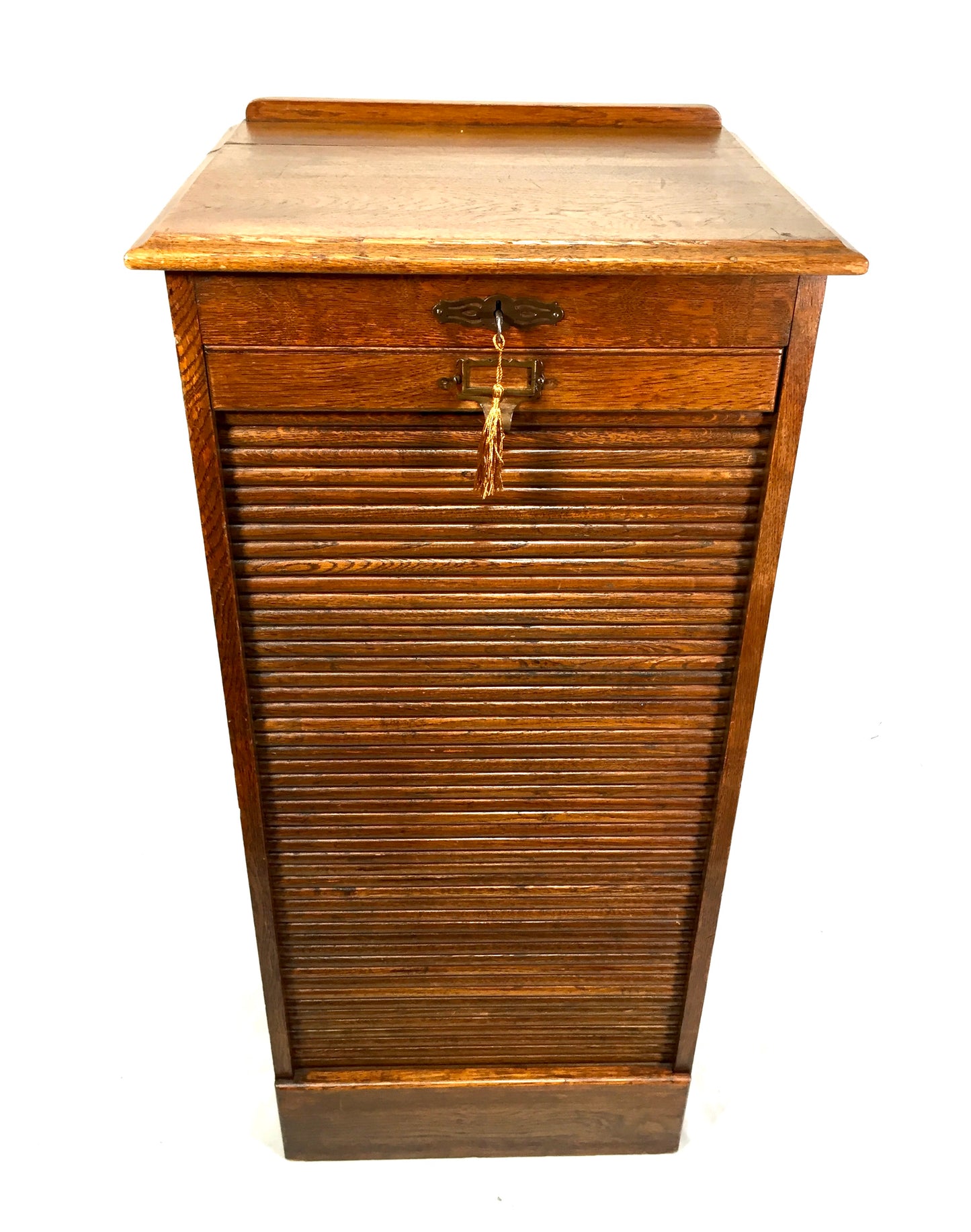 Antique Wooden Tambour Fronted Oak Office Paper Filing Cabinet Drawers with Key