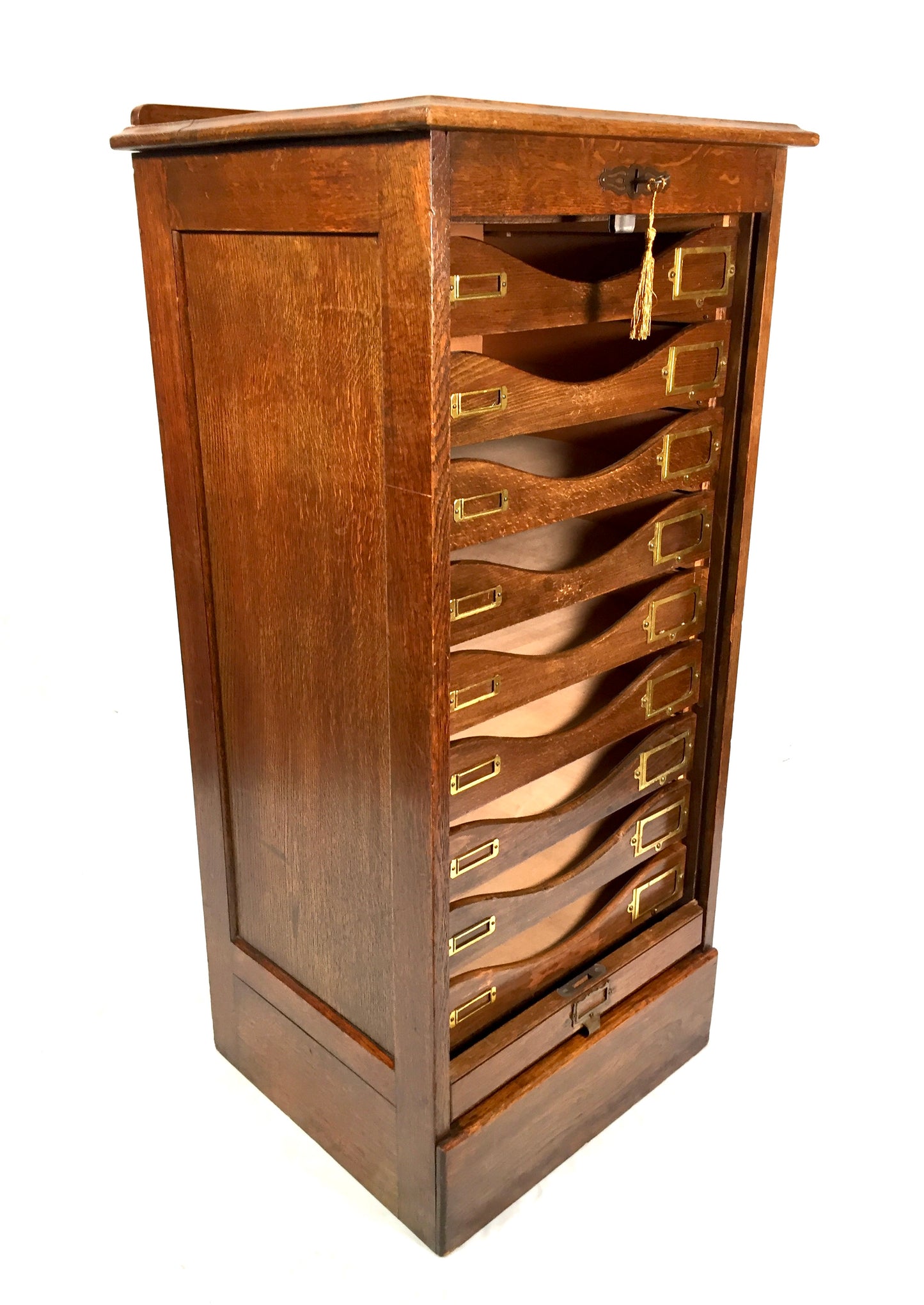 Antique Wooden Tambour Fronted Oak Office Paper Filing Cabinet Drawers with Key