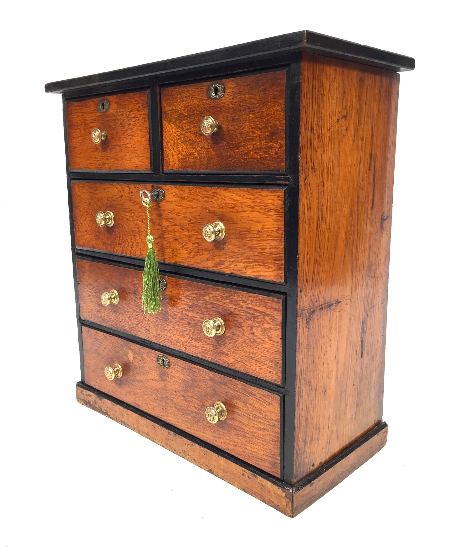 Antique Tabletop Wooden Chest of Collectors Drawers Storage Box with Key c.1900