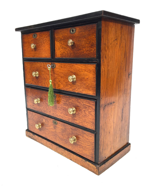 Antique Tabletop Wooden Chest of Collectors Drawers Storage Box with Key c.1900