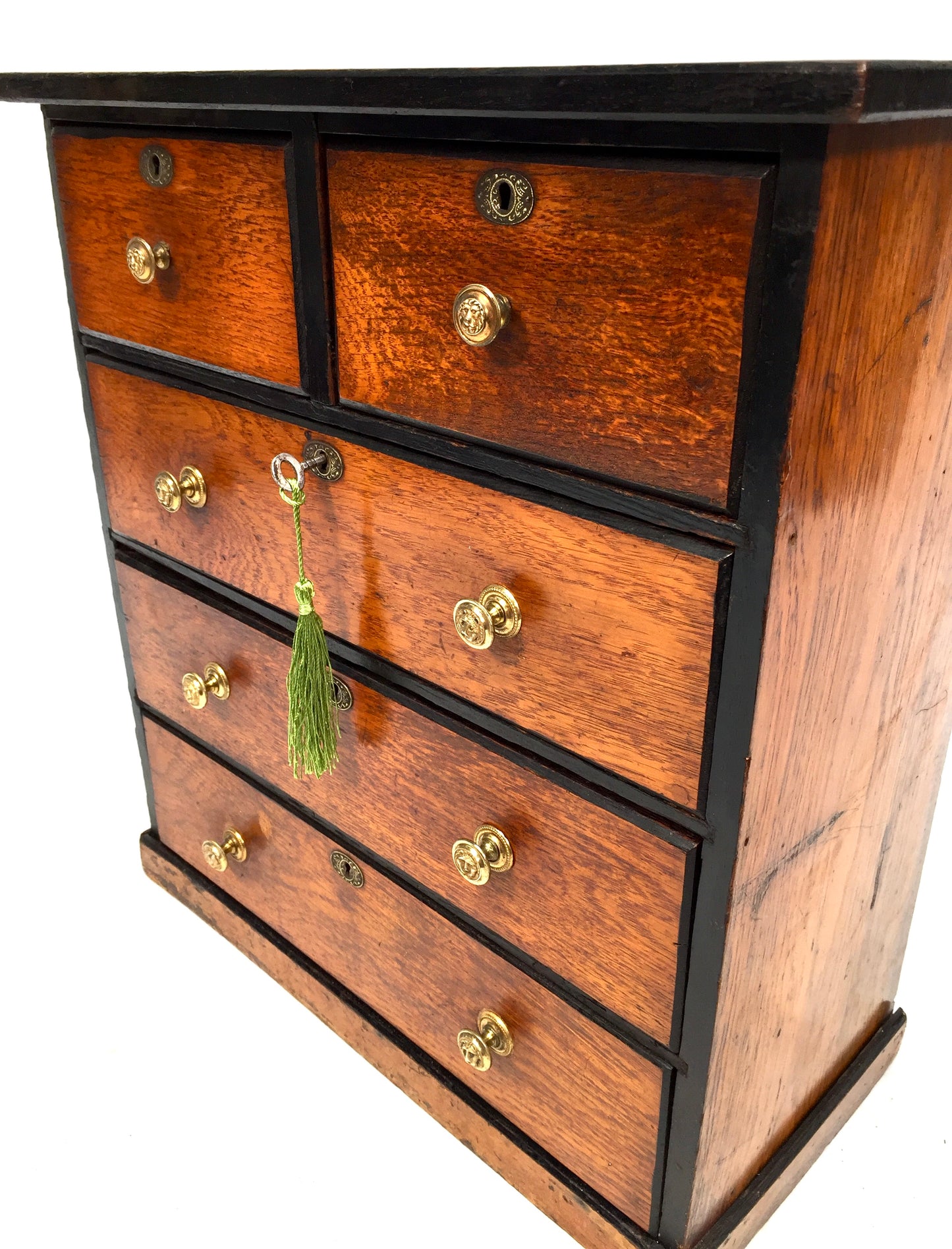 Antique Tabletop Wooden Chest of Collectors Drawers Storage Box with Key c.1900