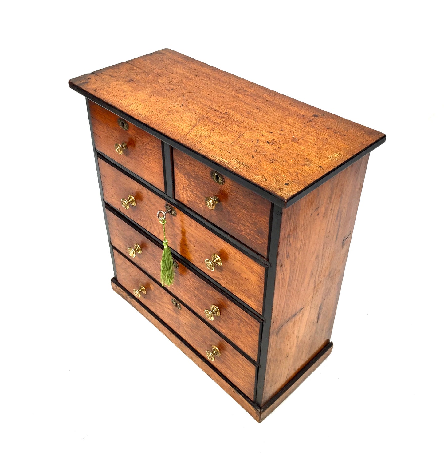 Antique Tabletop Wooden Chest of Collectors Drawers Storage Box with Key c.1900