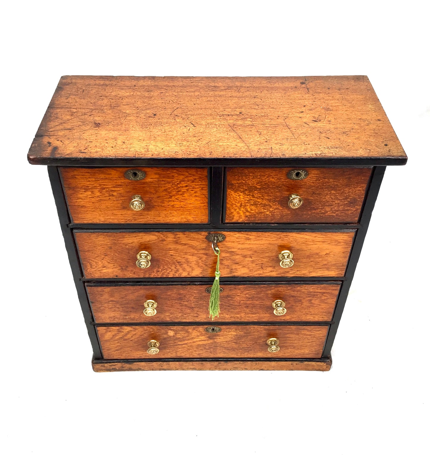 Antique Tabletop Wooden Chest of Collectors Drawers Storage Box with Key c.1900
