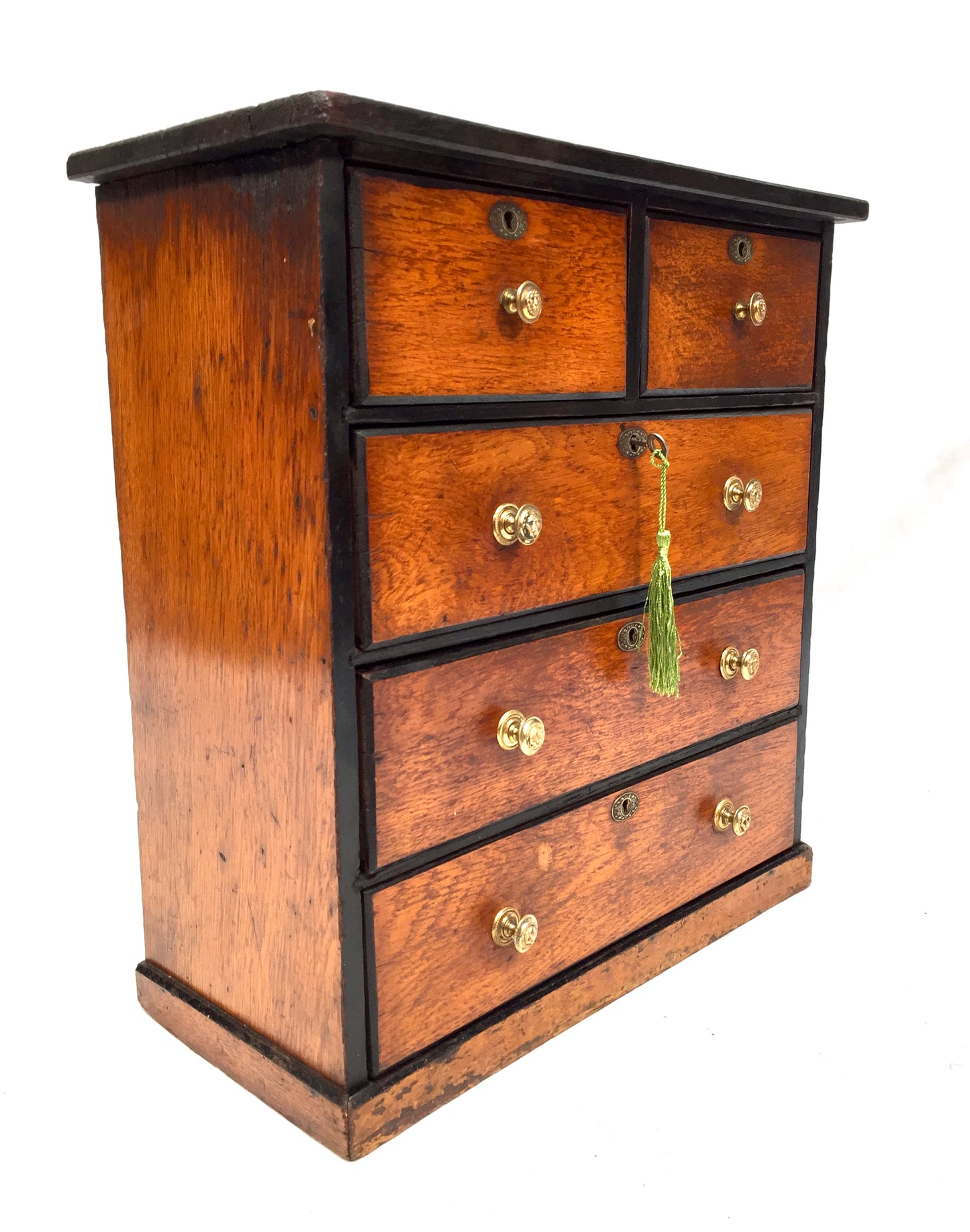 Antique Tabletop Wooden Chest of Collectors Drawers Storage Box with Key c.1900