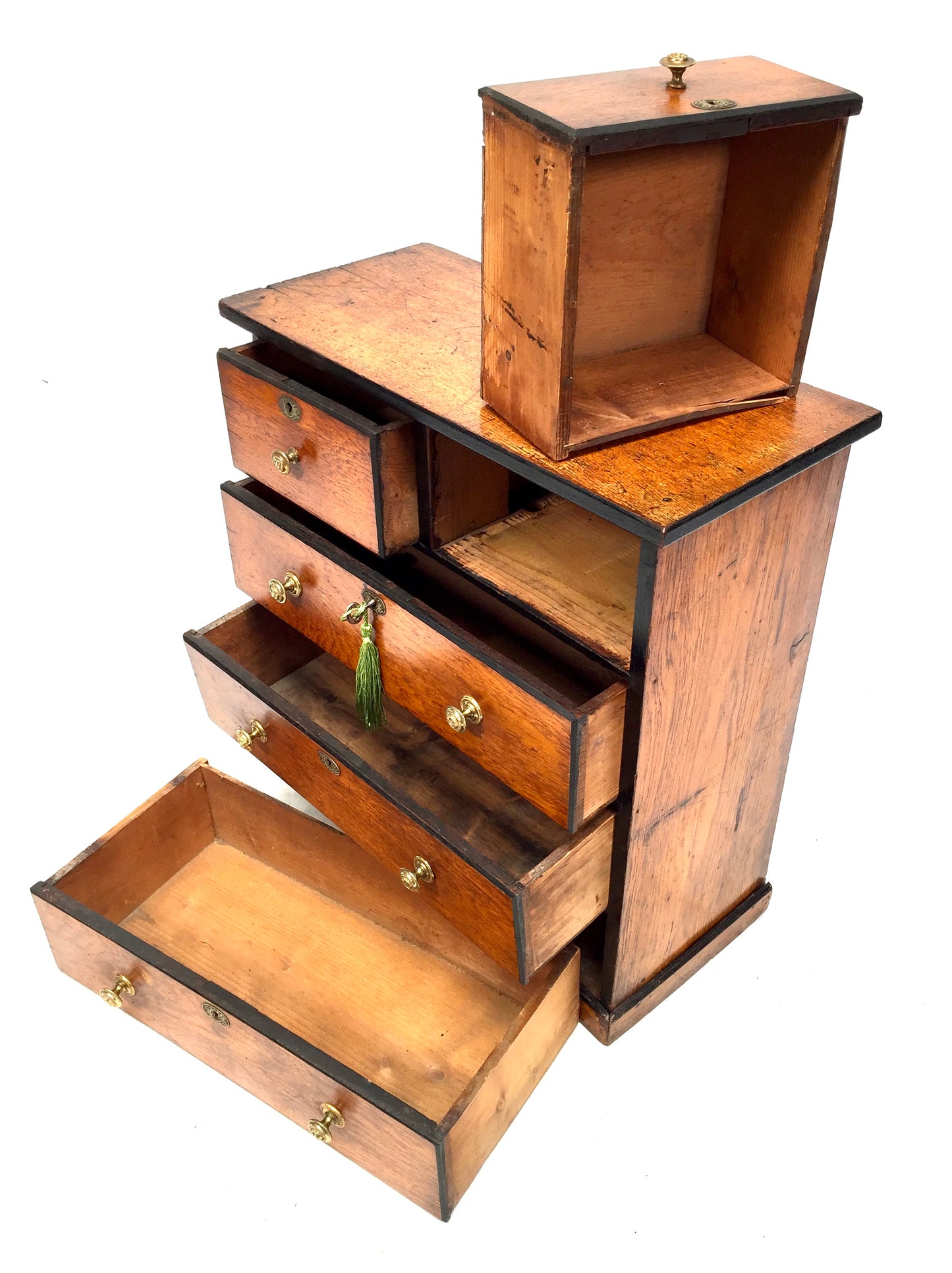 Antique Tabletop Wooden Chest of Collectors Drawers Storage Box with Key c.1900