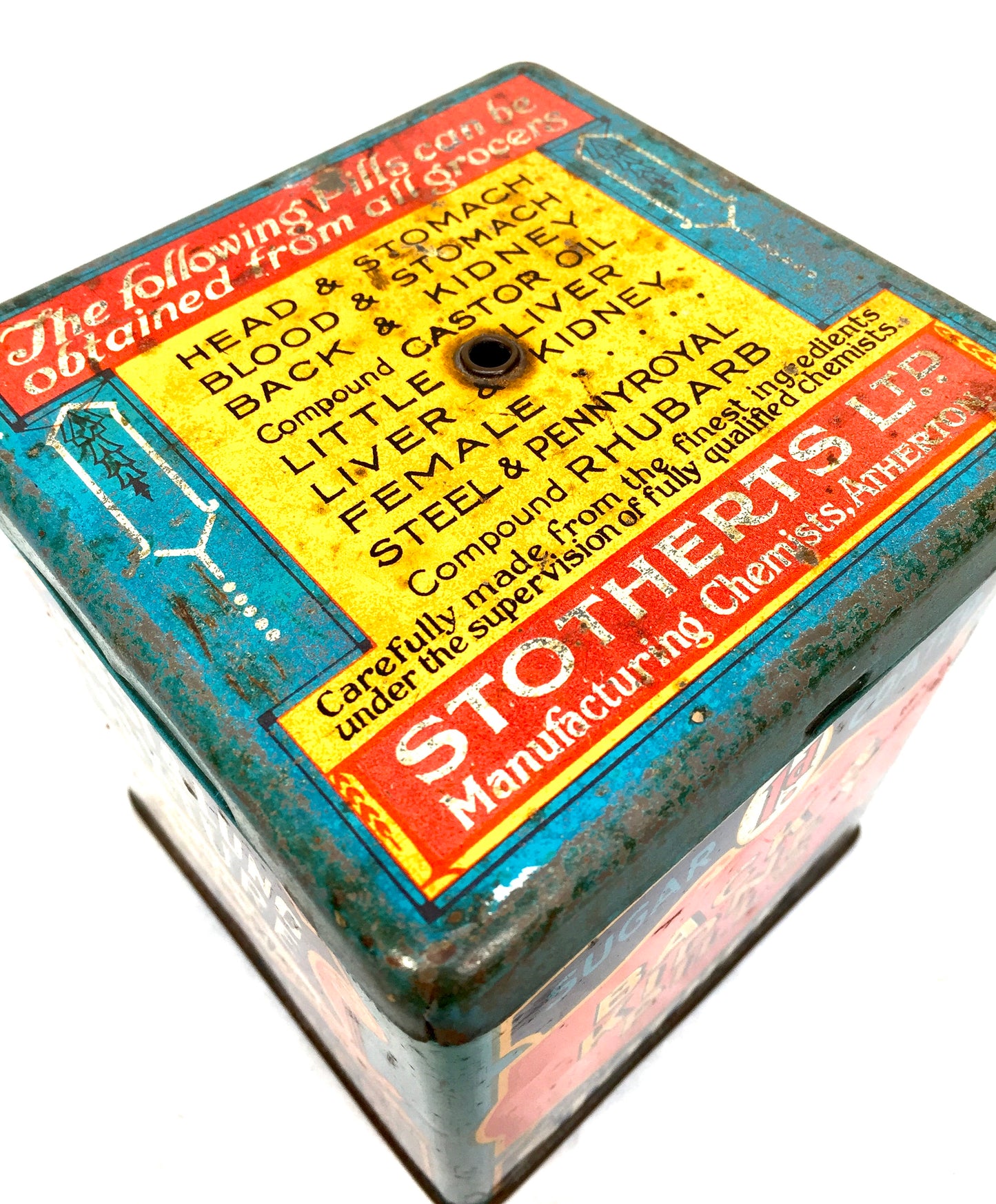 Antique Advertising Stotherts Pills Shop Counter String Dispenser Tin Box c.1930