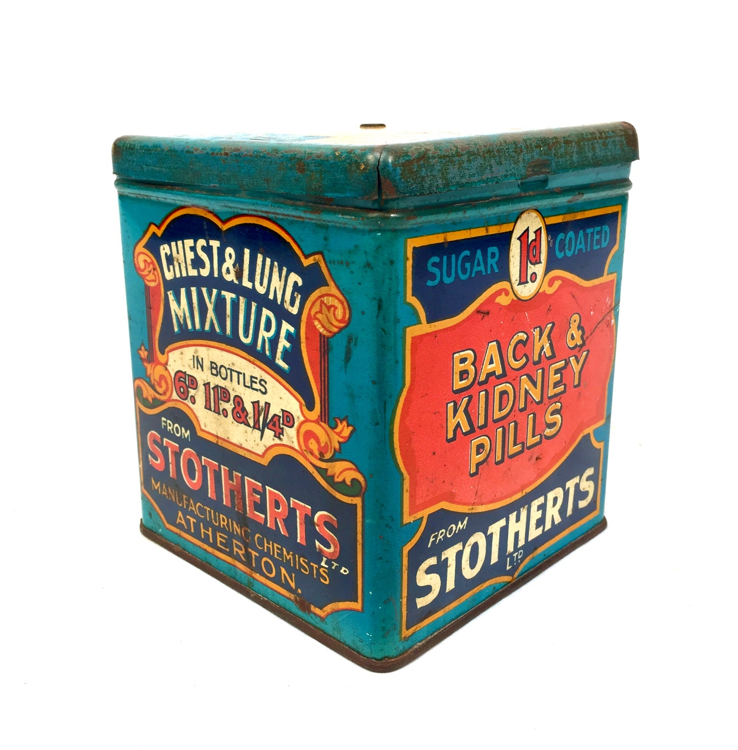 Antique Advertising Stotherts Pills Shop Counter String Dispenser Tin Box c.1930